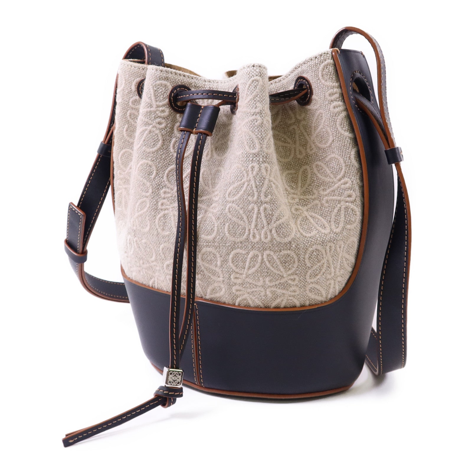 LOEWE 帆布/牛皮皮革Bucket Bag銀扣肩背袋