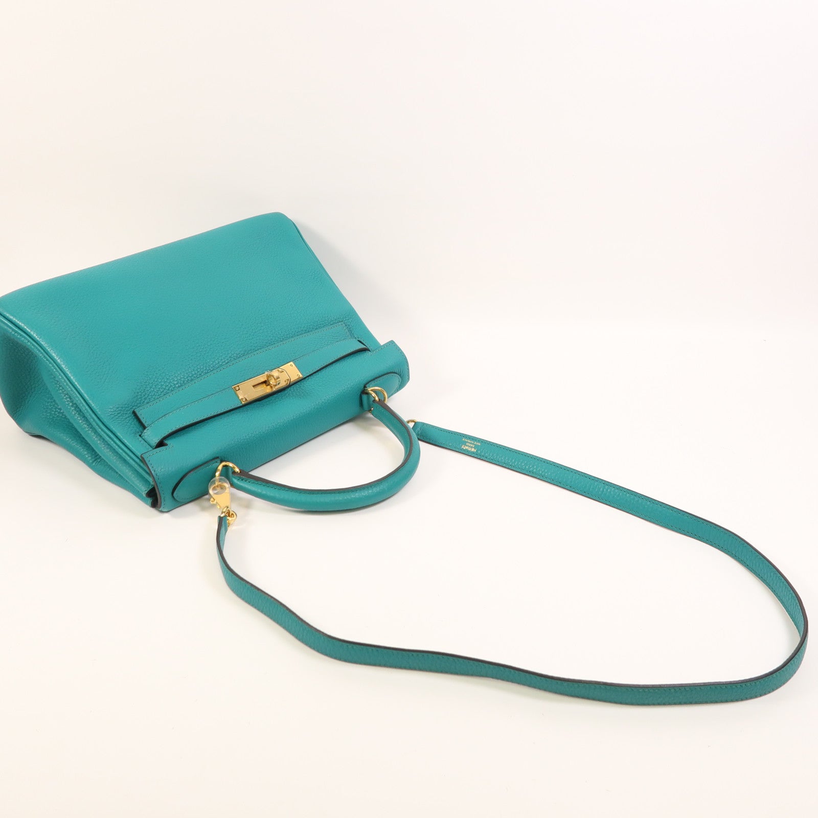 HERMES Togo皮革Kelly 28金扣手挽肩背兩用袋Bleu Paon