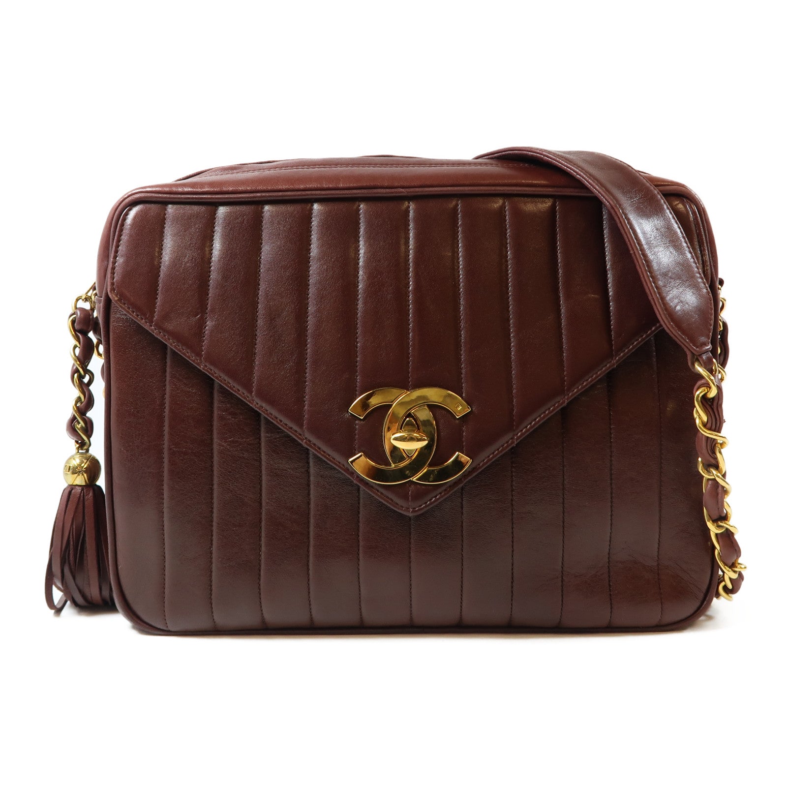 CHANEL 羊皮皮革Vintage Shoulder Bag金扣鏈帶肩背袋啡紅色