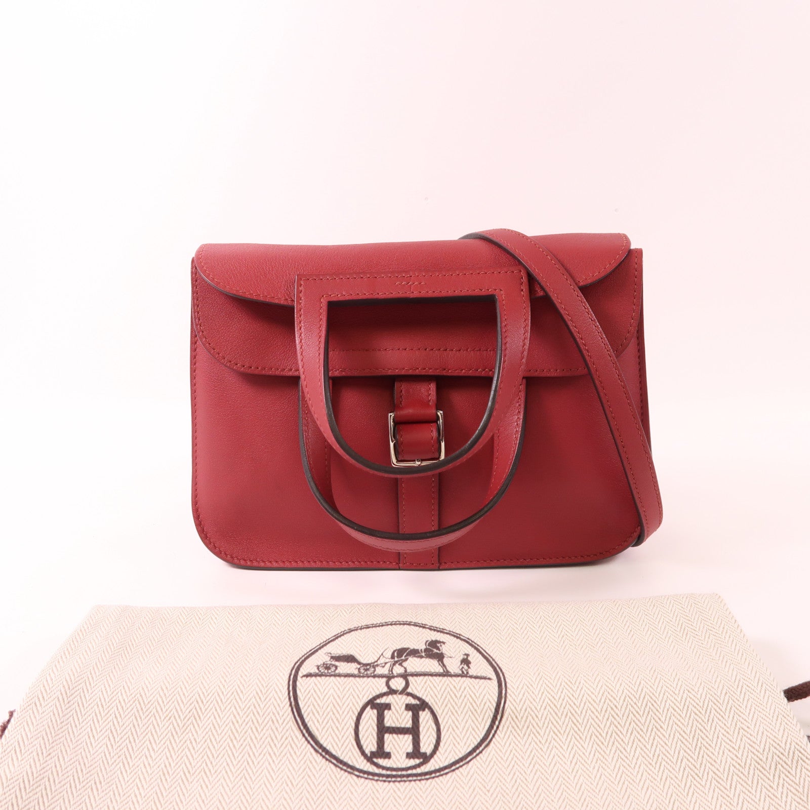 HERMES Swift皮革Mini Halzan銀扣手挽肩背兩用袋Rouge Garance