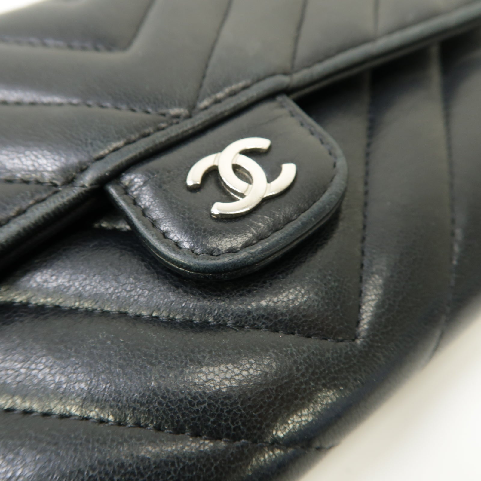 CHANEL 斜紋羊皮皮革Long Wallet銀扣長錢包黒色