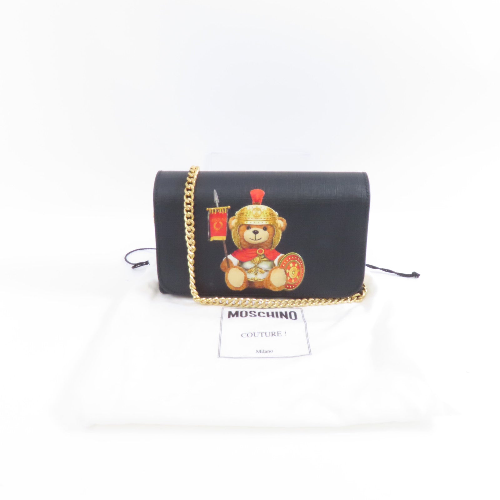 MOSCHINO 塗層帆布Chain Shoulder Bag金扣鏈帶肩背袋黑色