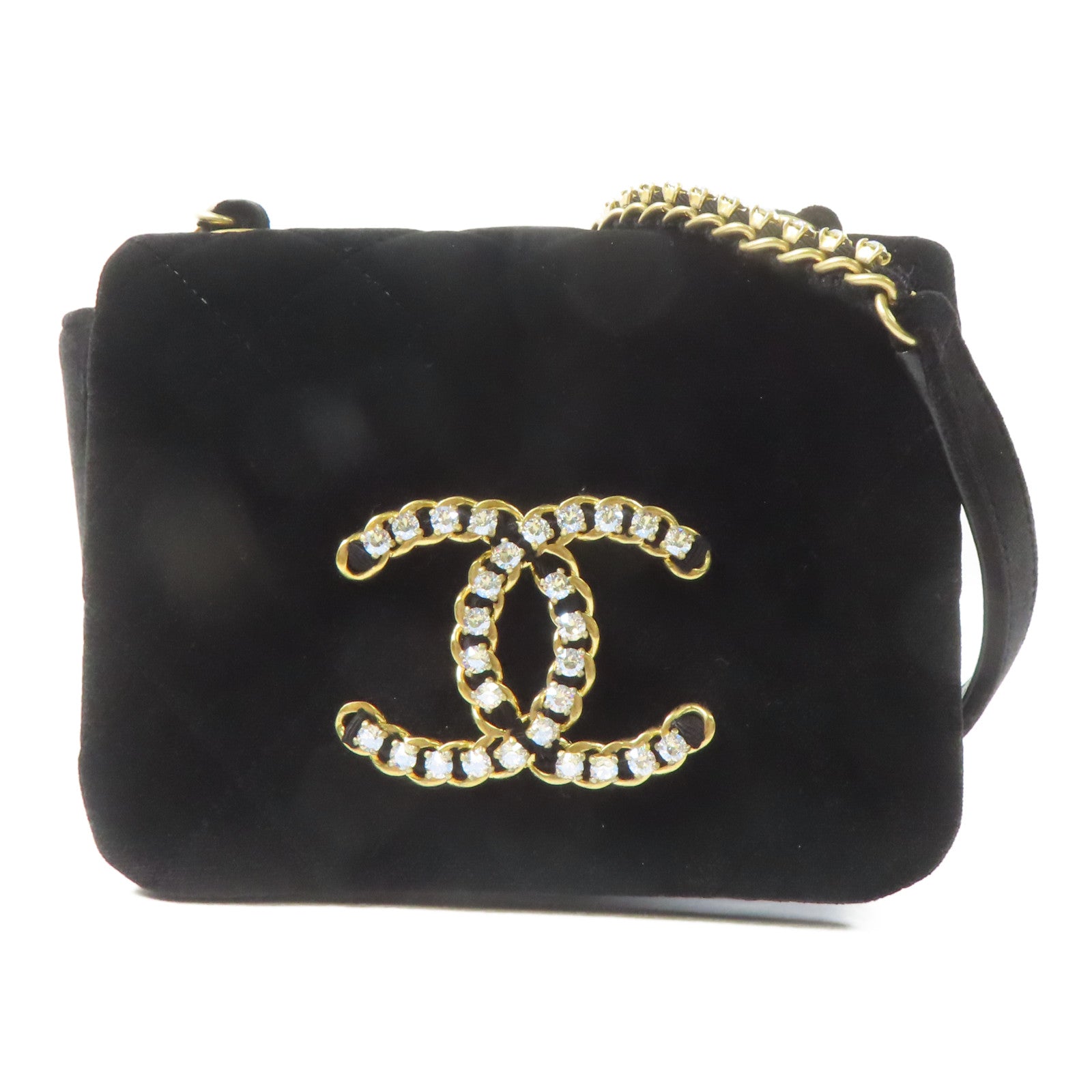 CHANEL 天鵝絨Crystal CC Mini Flap金扣鏈帶肩背袋黑色