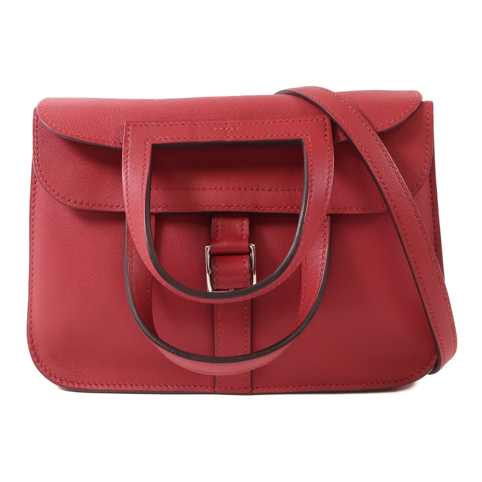 HERMES Swift皮革Mini Halzan銀扣手挽肩背兩用袋Rouge Garance