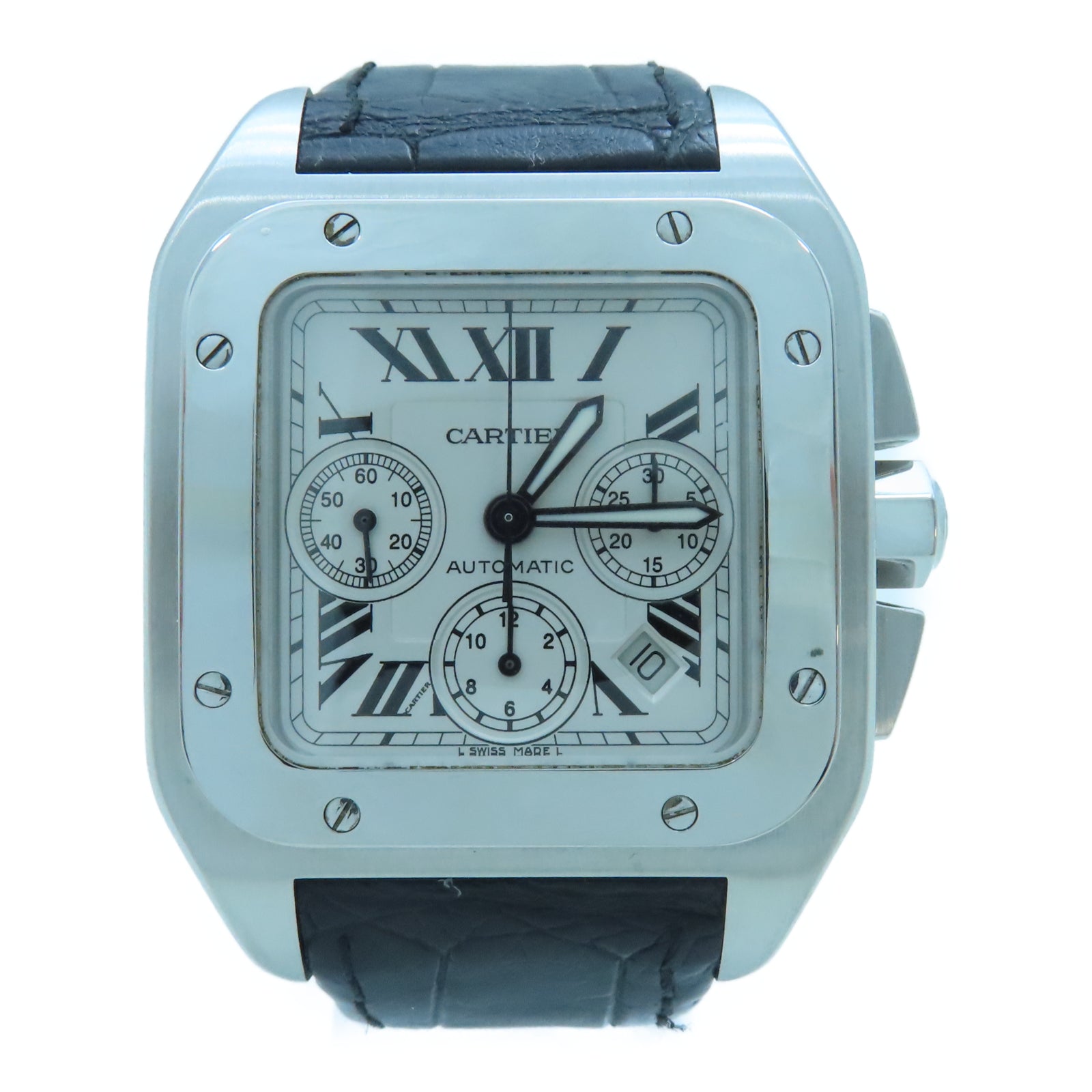 CARTIER Santos 100 42mm不鏽鋼/鱷魚皮革手錶自動機芯白色