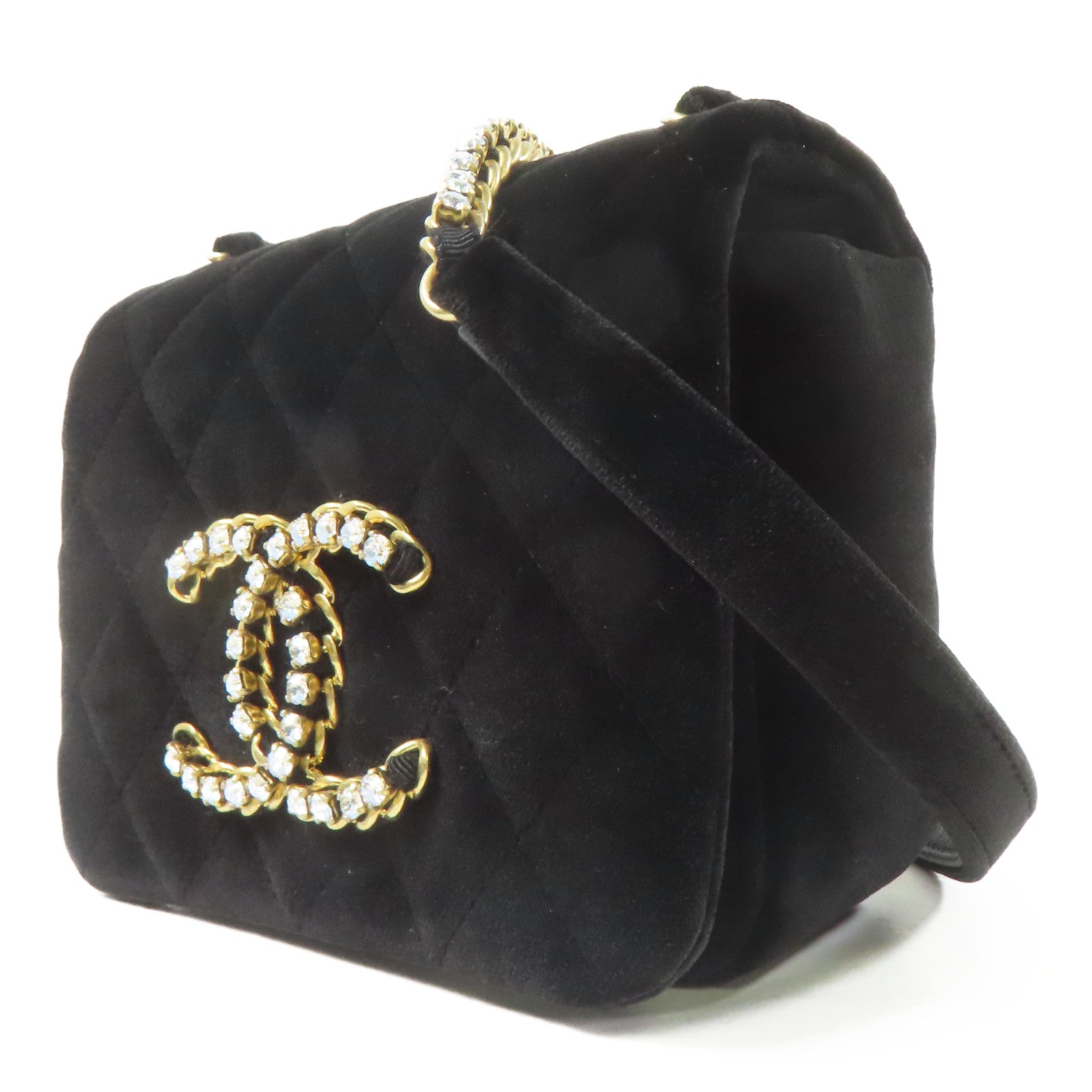 CHANEL 天鵝絨Crystal CC Mini Flap金扣鏈帶肩背袋黑色