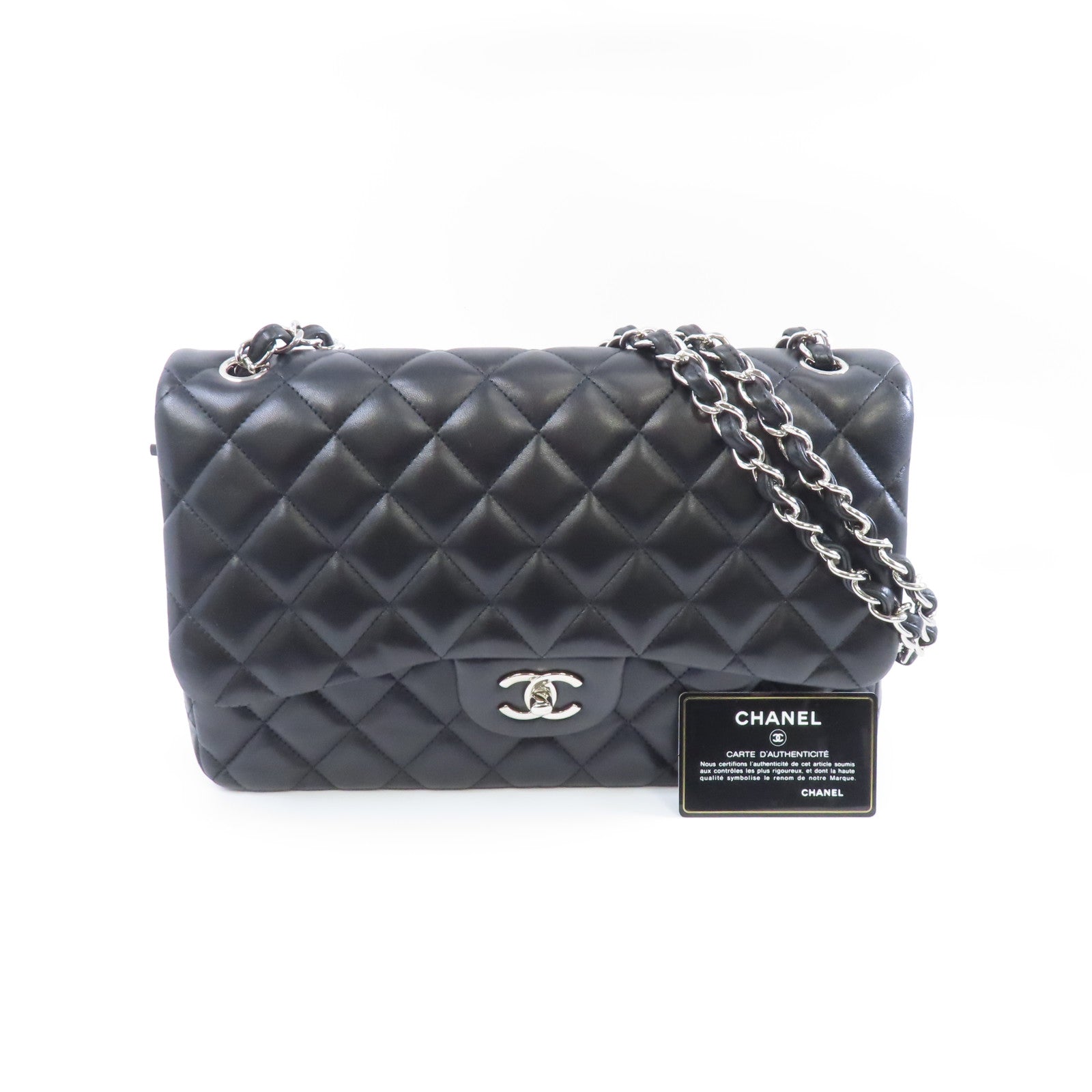 CHANEL 【激減優惠】菱格羊皮皮革Classic Jumbo銀扣鏈帶肩背袋黑色