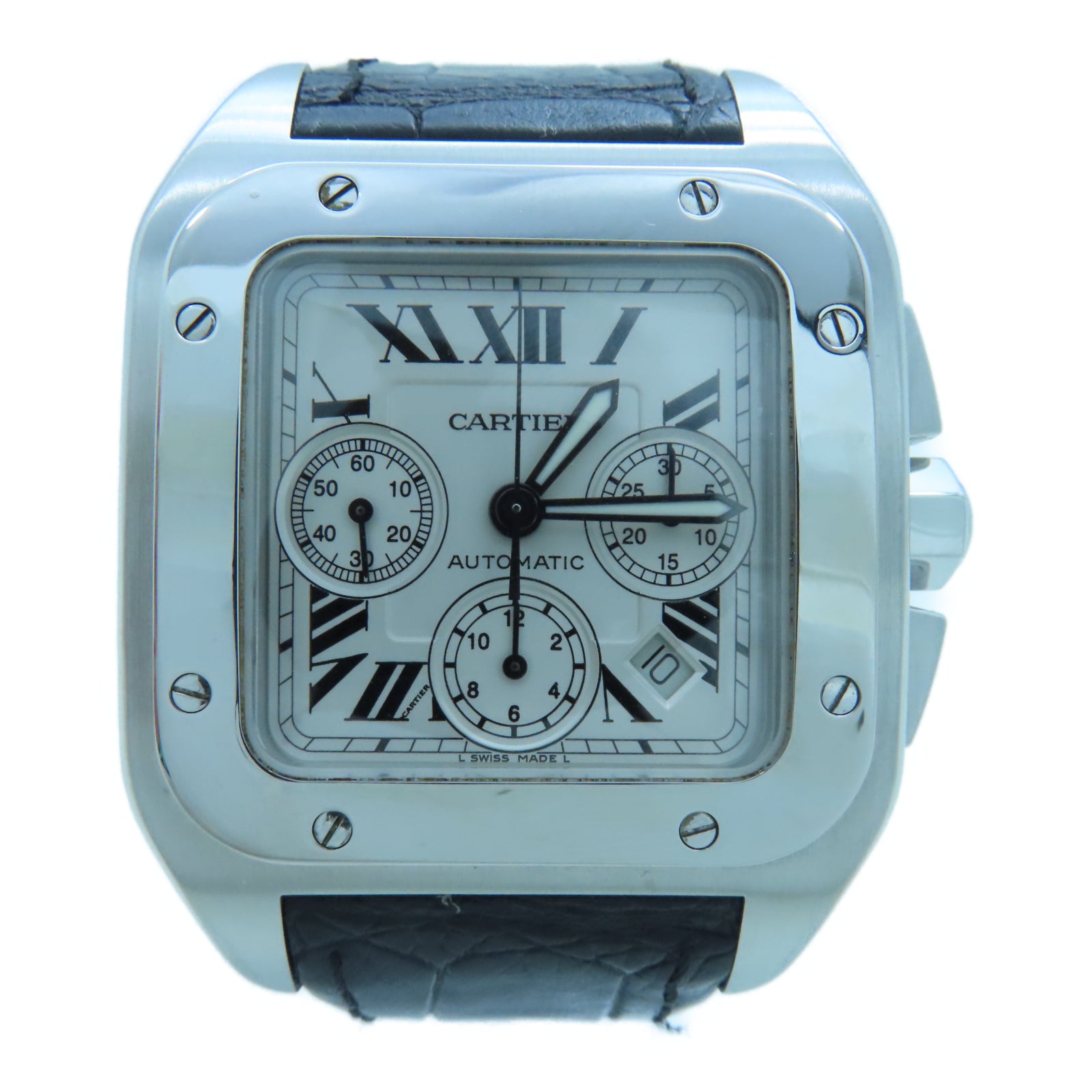 CARTIER Santos 100 42mm不鏽鋼/鱷魚皮革手錶自動機芯白色