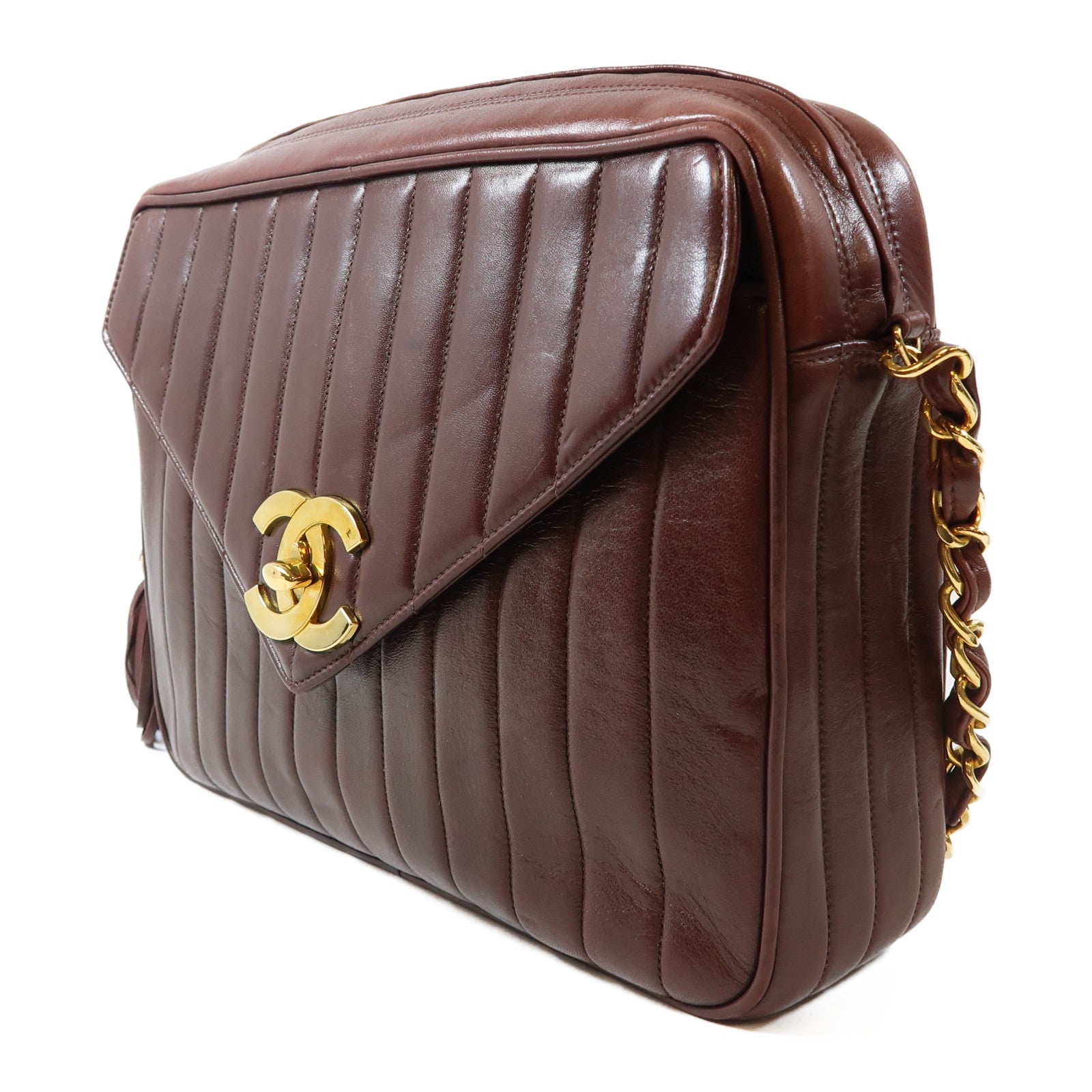 CHANEL 羊皮皮革Vintage Shoulder Bag金扣鏈帶肩背袋啡紅色