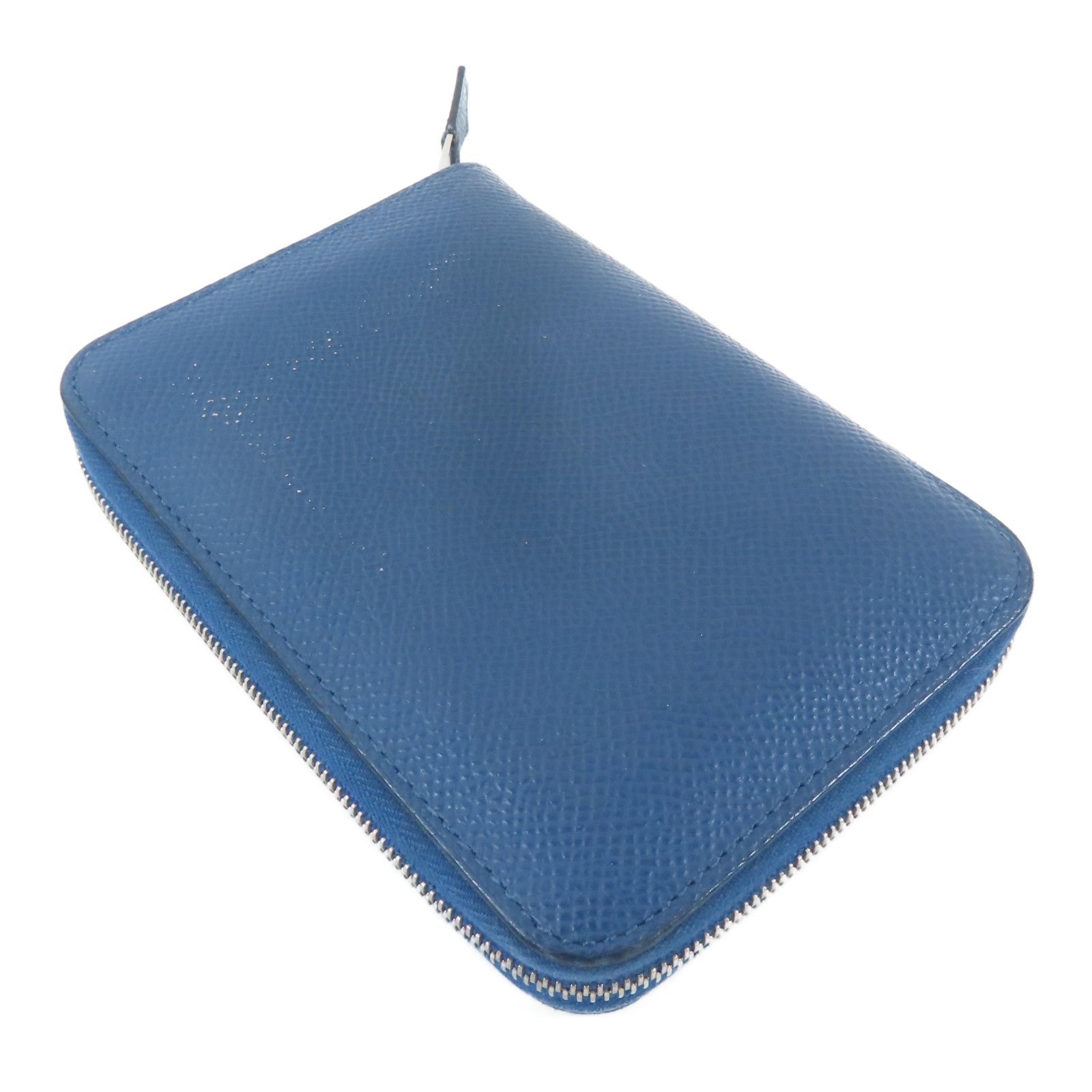 HERMES Epsom皮革Round Zipper Wallet銀扣錢包藍色