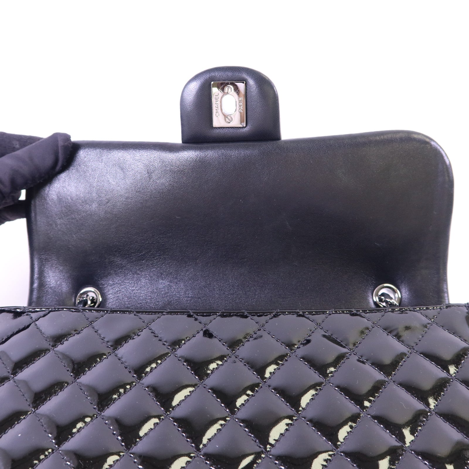 CHANEL 漆皮皮革Chain Shoulder Bag銀扣鏈帶肩背袋