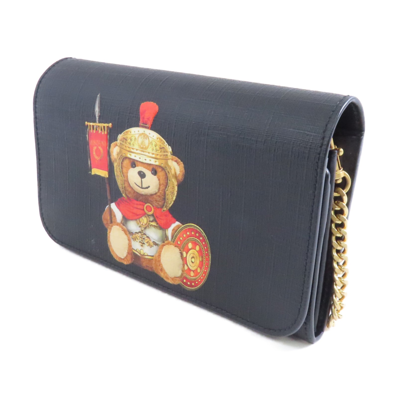 MOSCHINO 塗層帆布Chain Shoulder Bag金扣鏈帶肩背袋黑色