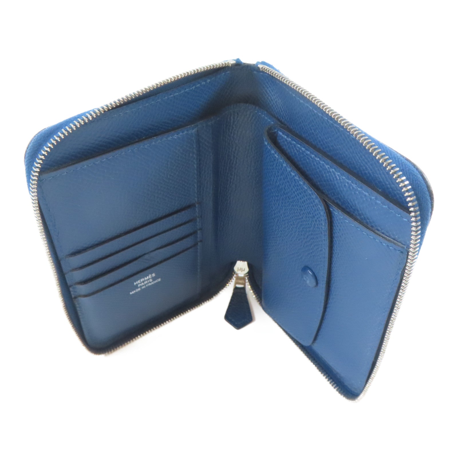 HERMES Epsom皮革Round Zipper Wallet銀扣錢包藍色
