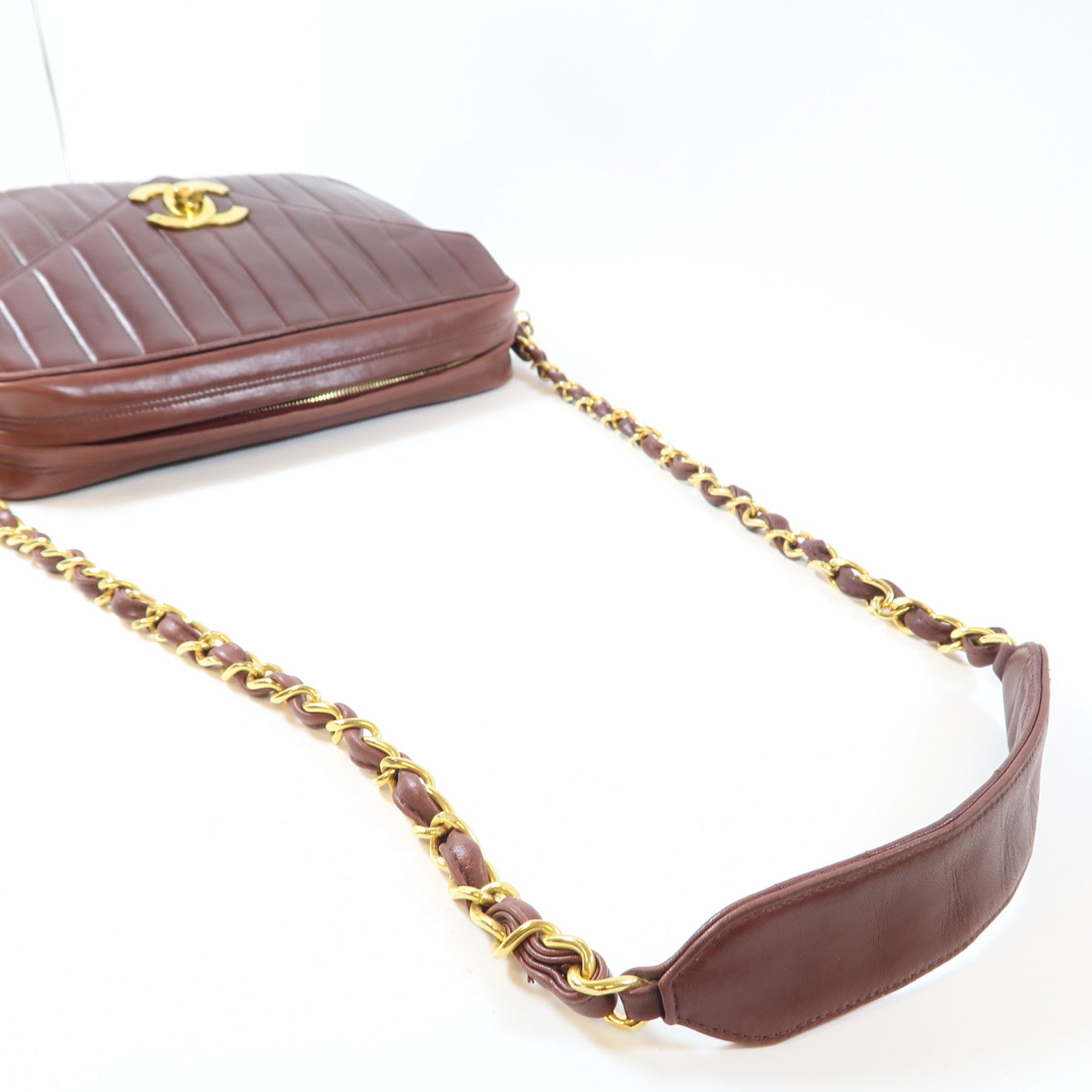 CHANEL 羊皮皮革Vintage Shoulder Bag金扣鏈帶肩背袋啡紅色