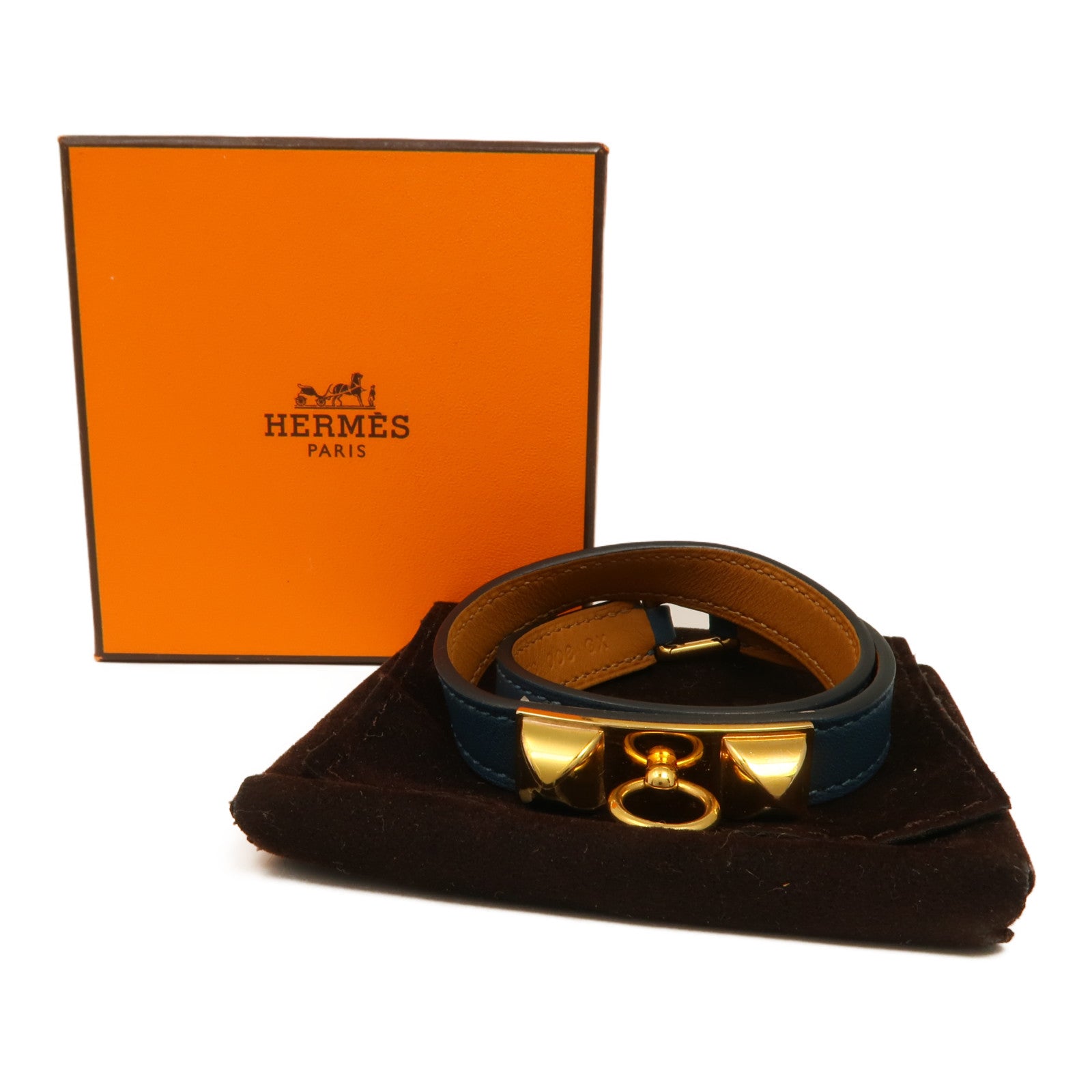 HERMES Swift皮革Rivale Double Tour Bracelet金扣手鏈Navy