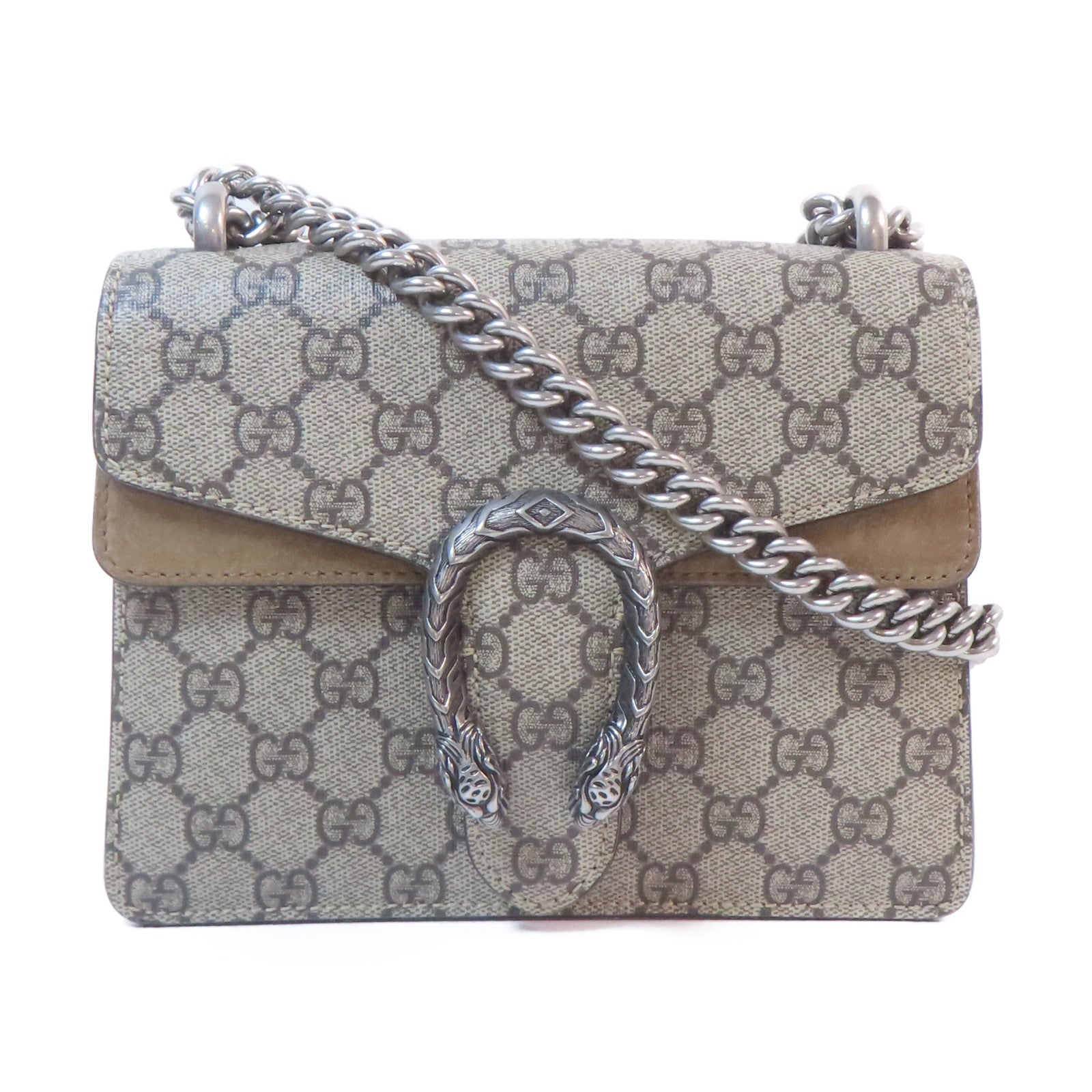 GUCCI 塗層帆布/麂皮皮革GG Supreme Chain Shoulder銀扣鏈帶肩背袋啡色