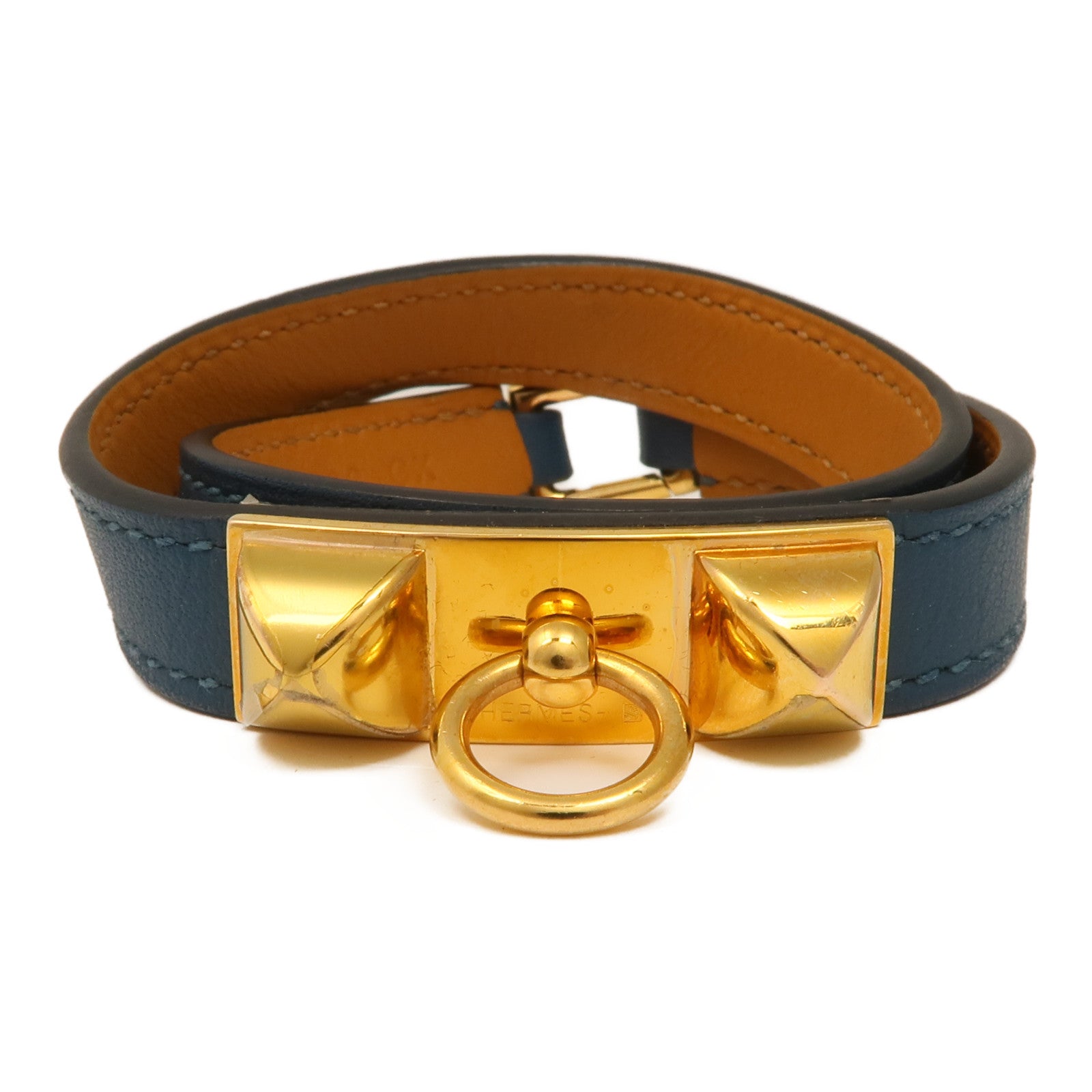 HERMES 【激減優惠】Swift皮革Rivale Double Tour Bracelet金扣手鏈Navy