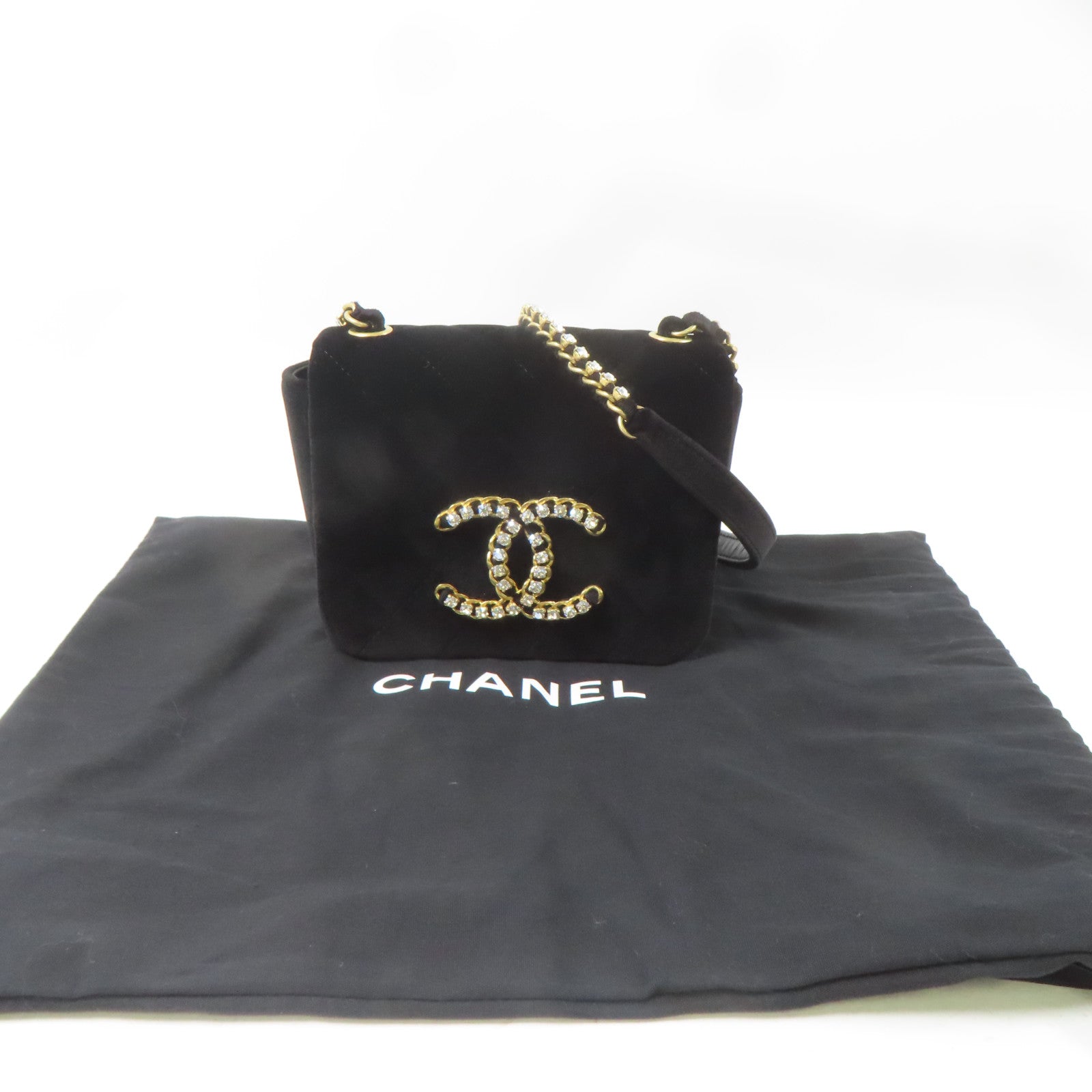 CHANEL 天鵝絨Crystal CC Mini Flap金扣鏈帶肩背袋黑色