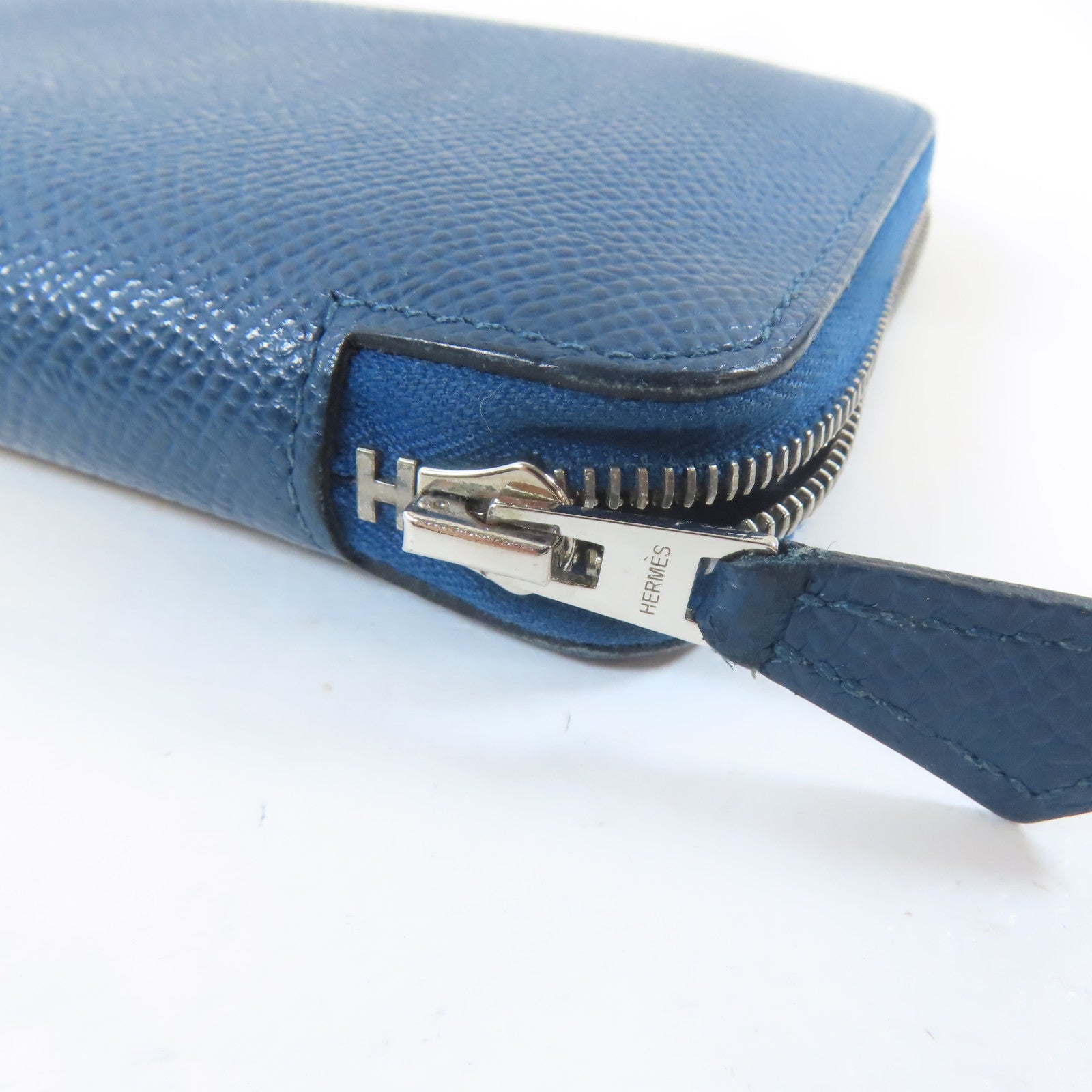 HERMES Epsom皮革Round Zipper Wallet銀扣錢包藍色
