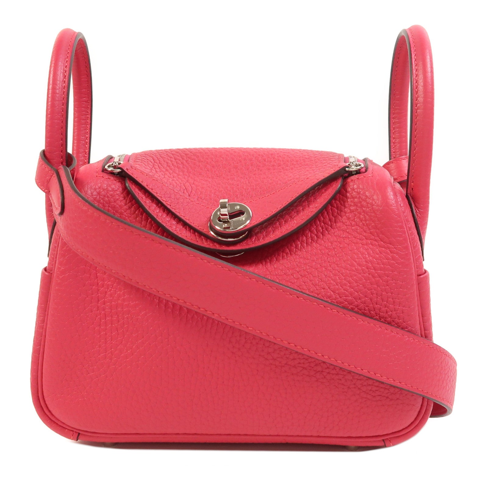 HERMES Clemence皮革Mini Lindy銀扣手挽肩背兩用袋Rose Extreme