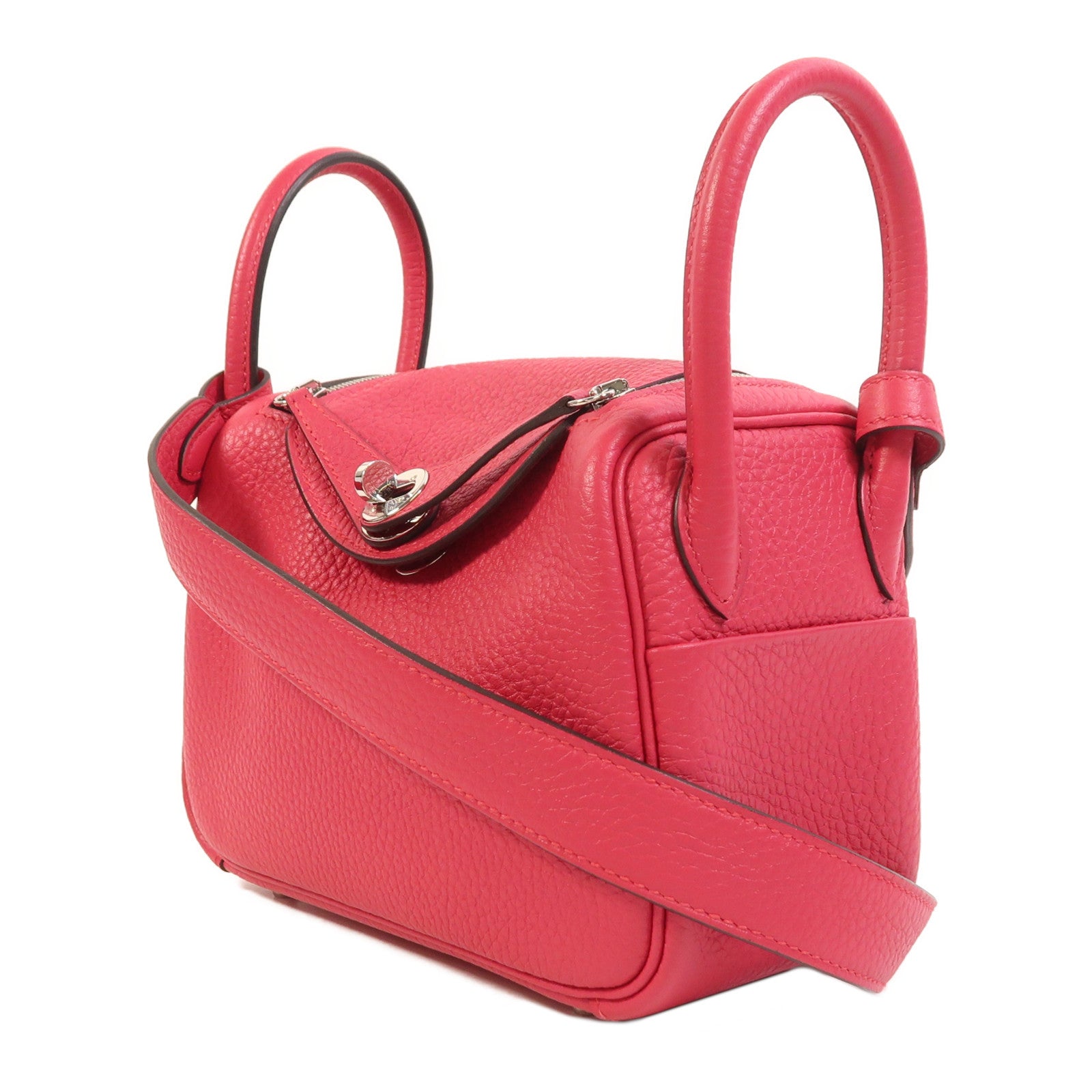 HERMES Clemence皮革Mini Lindy銀扣手挽肩背兩用袋Rose Extreme
