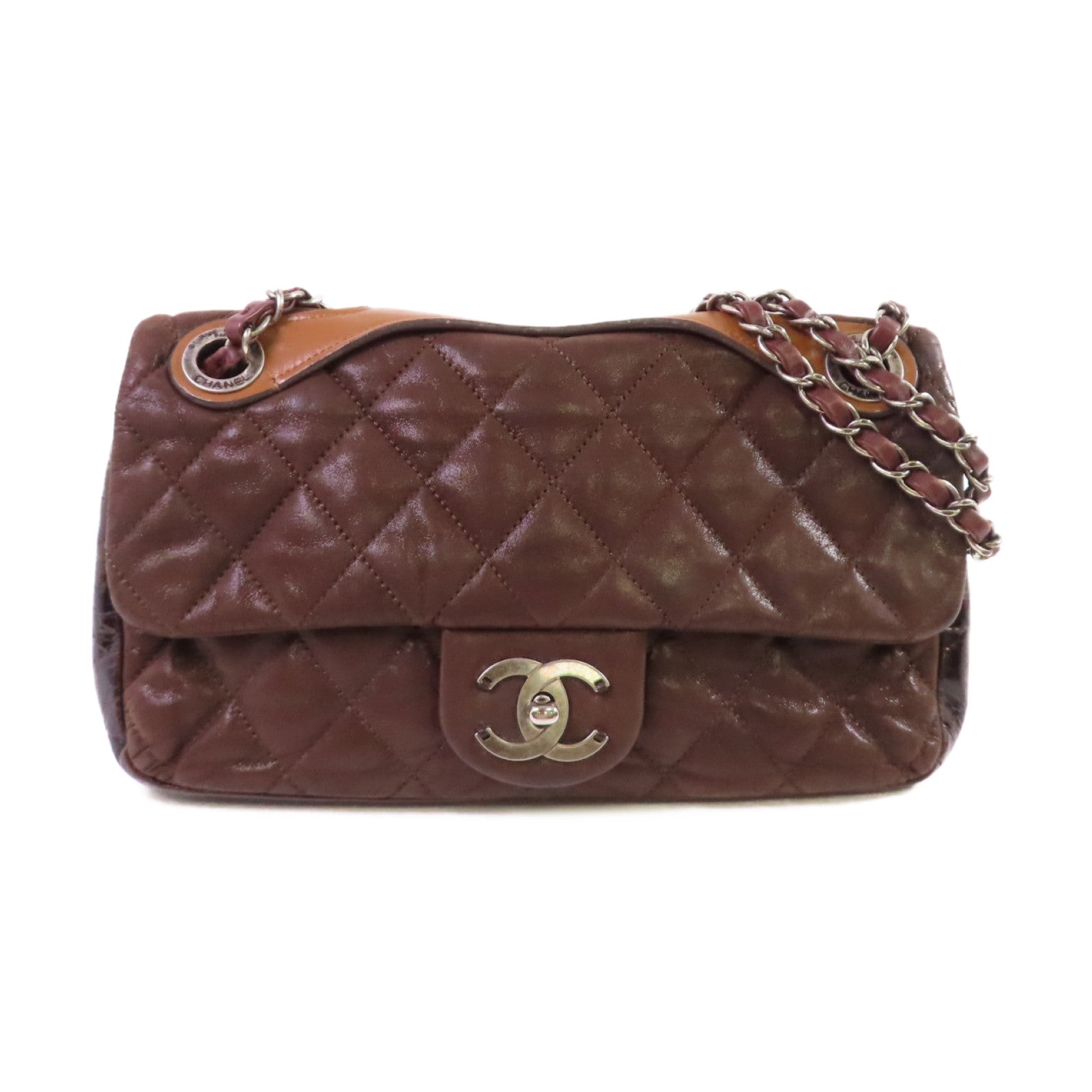 CHANEL 菱格牛皮皮革Chain Shoulder Bag銀扣鏈帶肩背袋啡色