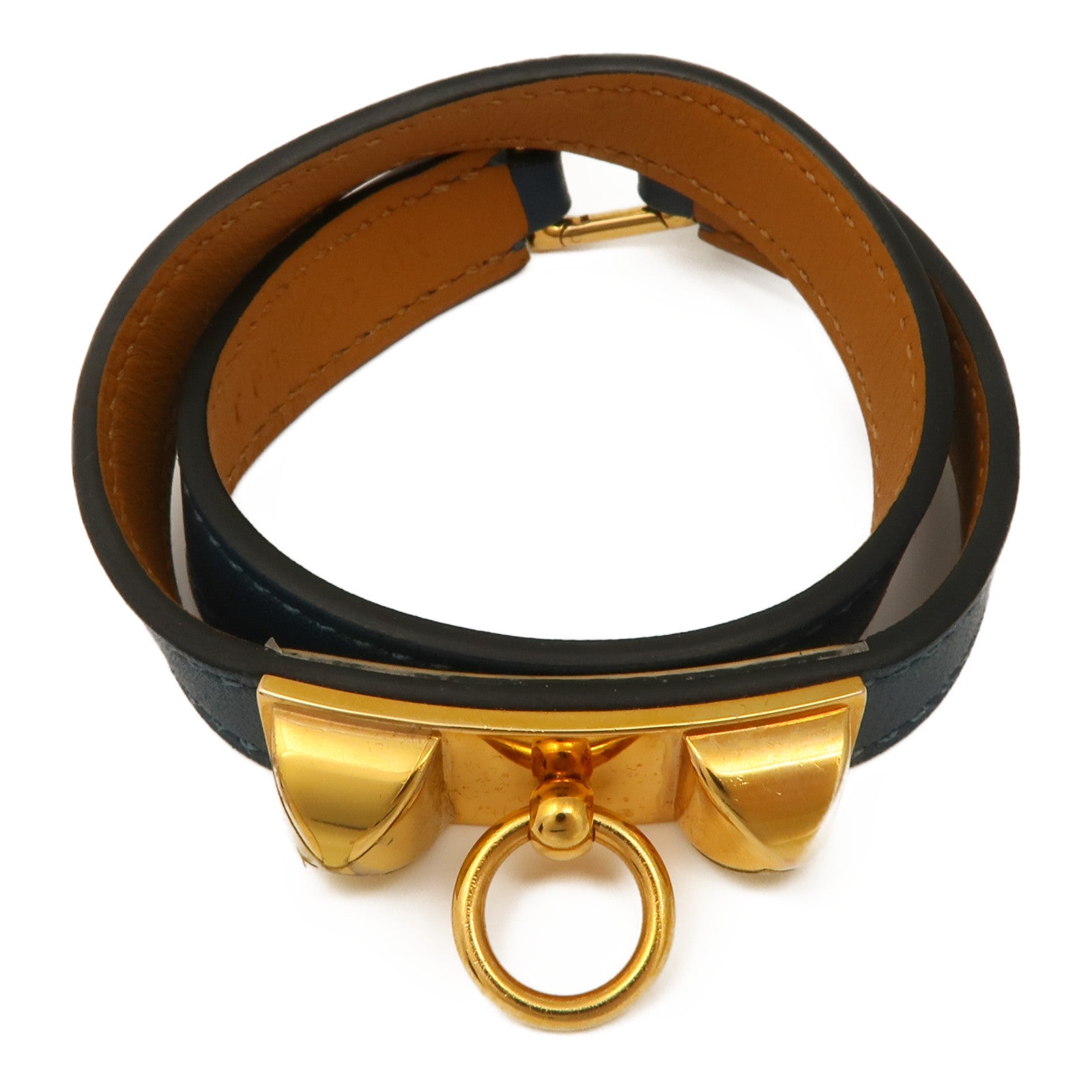 HERMES Swift皮革Rivale Double Tour Bracelet金扣手鏈Navy