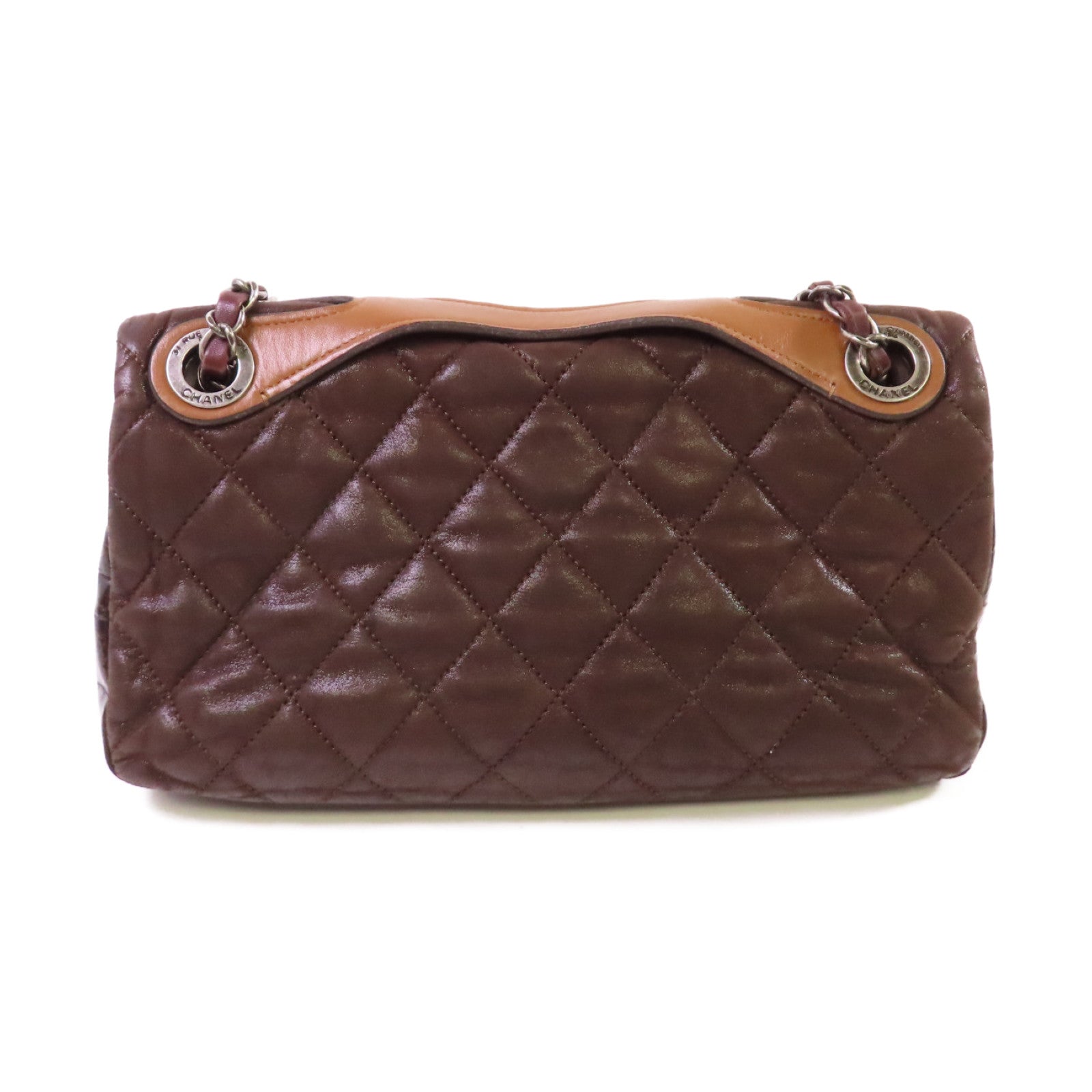 CHANEL 菱格牛皮皮革Chain Shoulder Bag銀扣鏈帶肩背袋啡色
