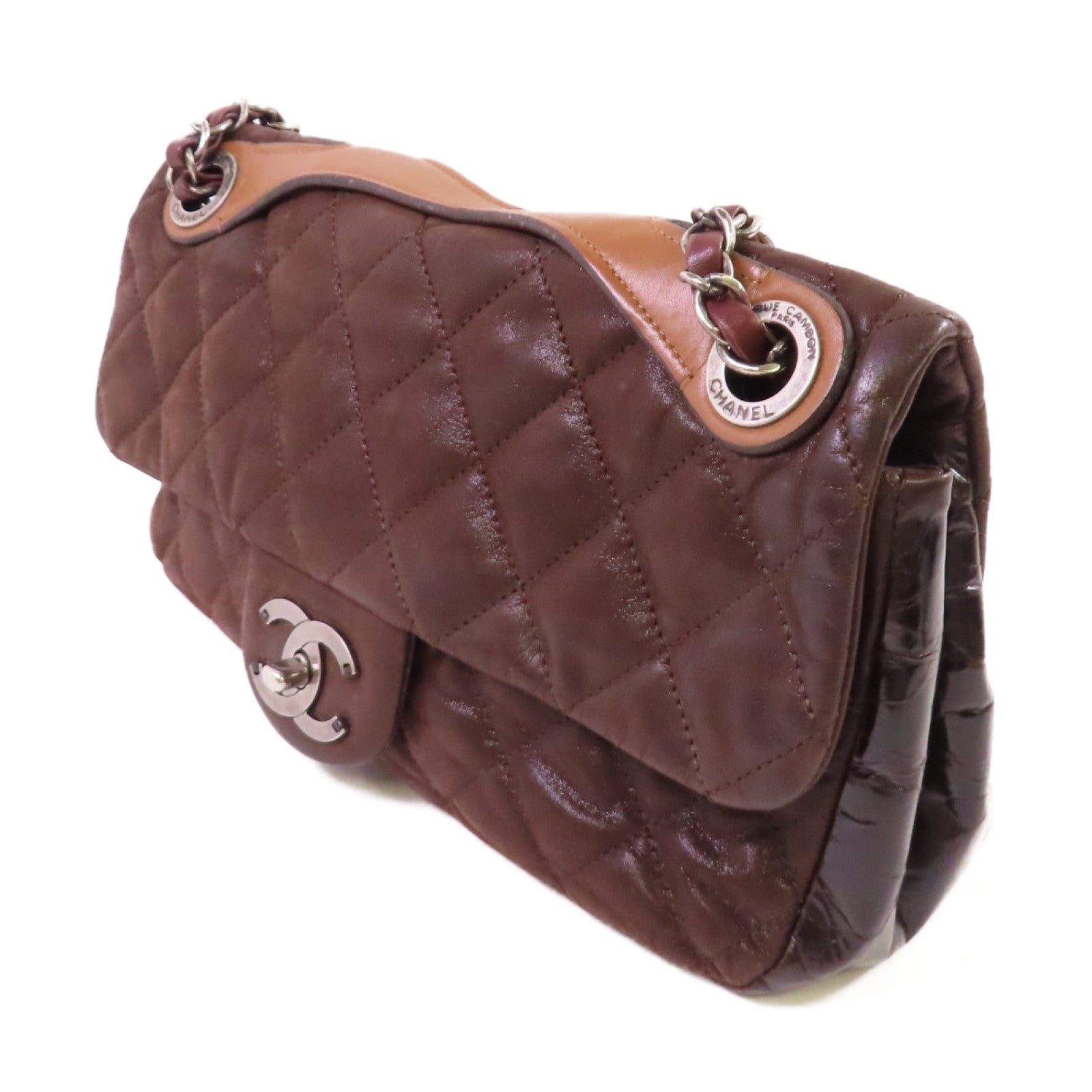 CHANEL 菱格牛皮皮革Chain Shoulder Bag銀扣鏈帶肩背袋啡色