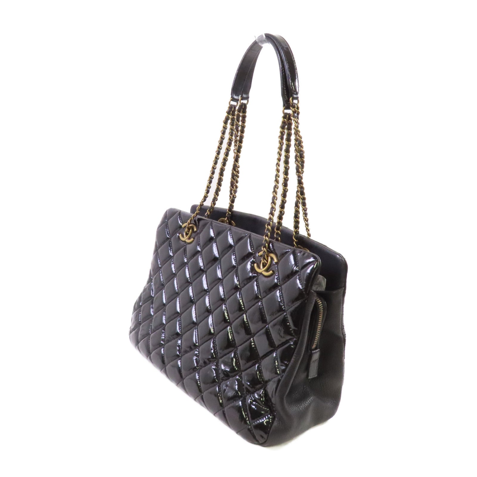 CHANEL 漆皮皮革Chain Shoulder Bag金扣鏈帶手挽肩背袋兩用袋黑色