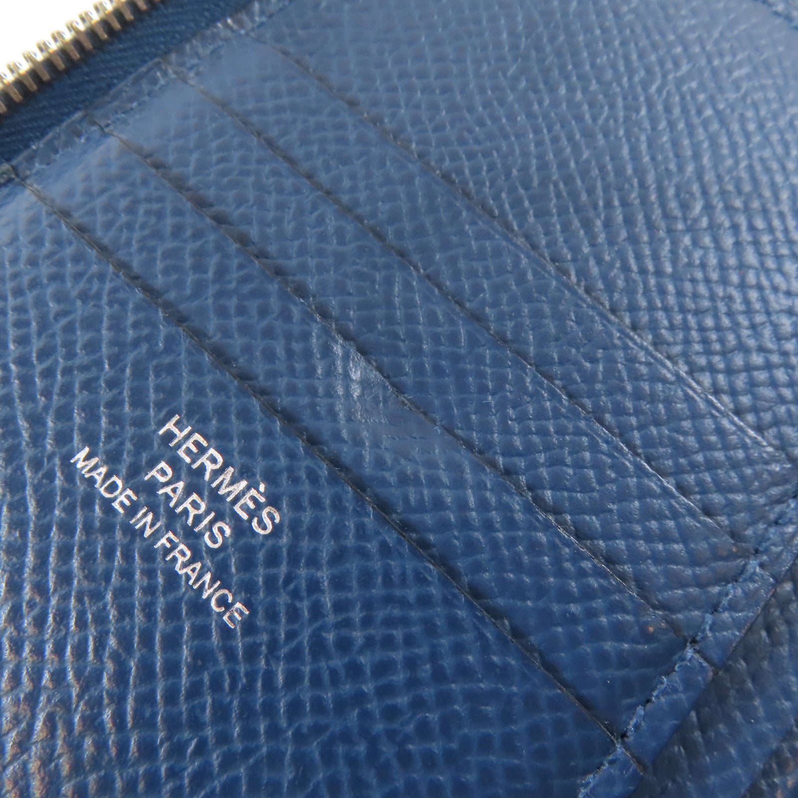 HERMES Epsom皮革Round Zipper Wallet銀扣錢包藍色