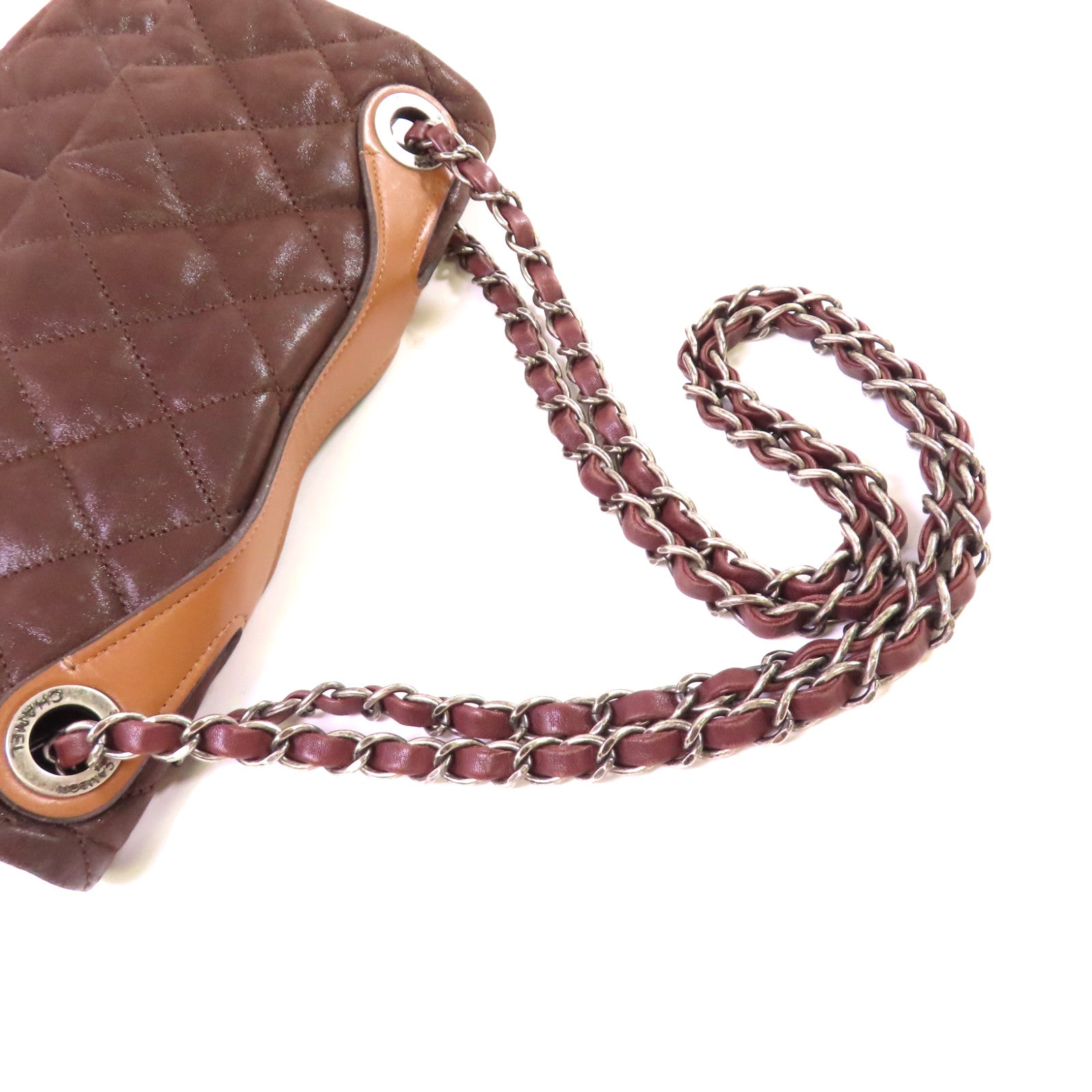 CHANEL 菱格牛皮皮革Chain Shoulder Bag銀扣鏈帶肩背袋啡色
