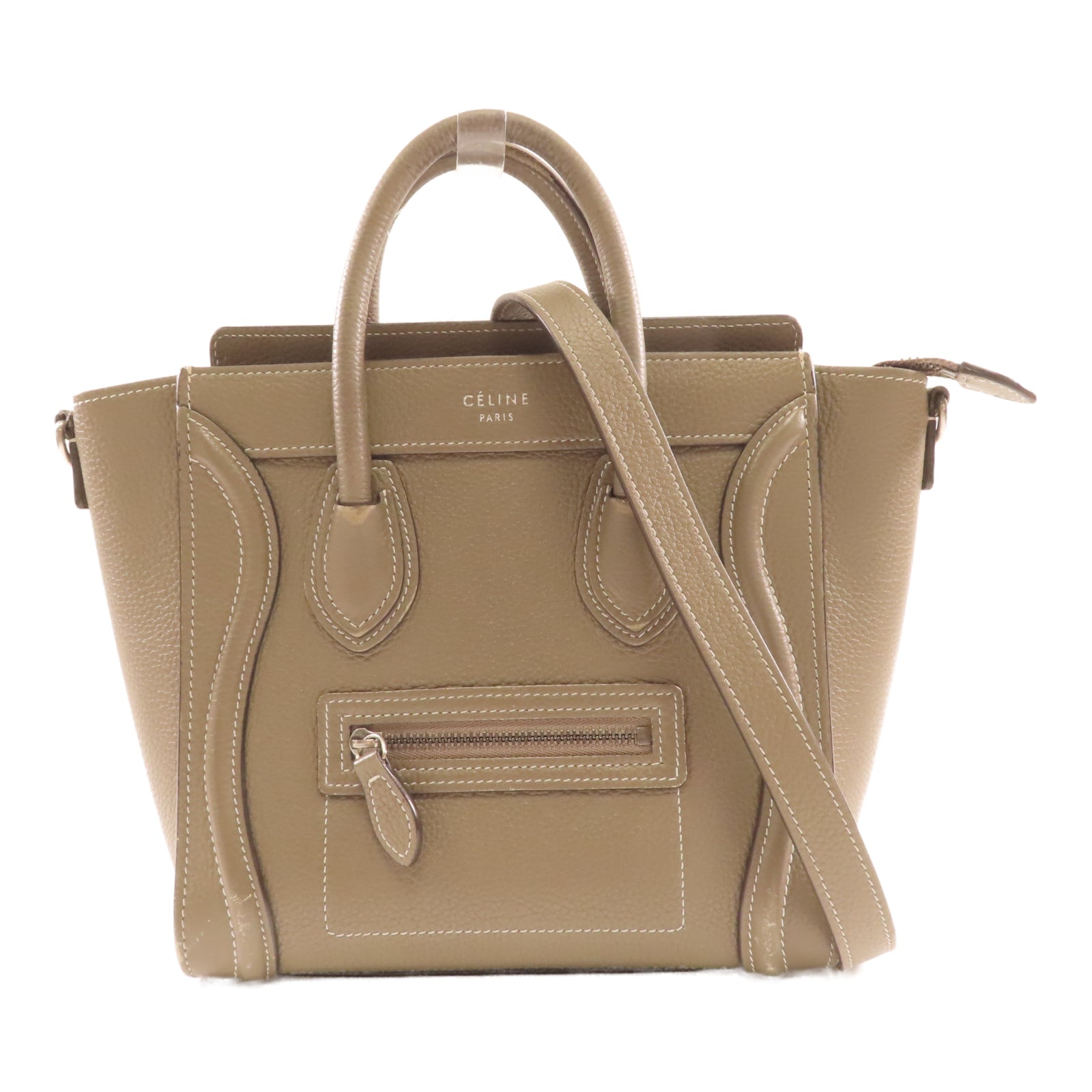 CELINE 牛皮皮革Nano Luggage銀扣手挽肩背兩用袋灰色