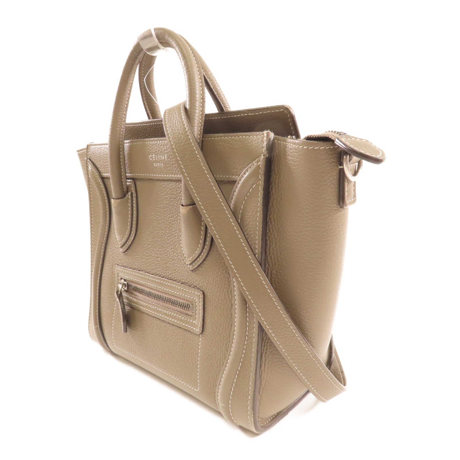 CELINE 牛皮皮革Nano Luggage銀扣手挽肩背兩用袋灰色