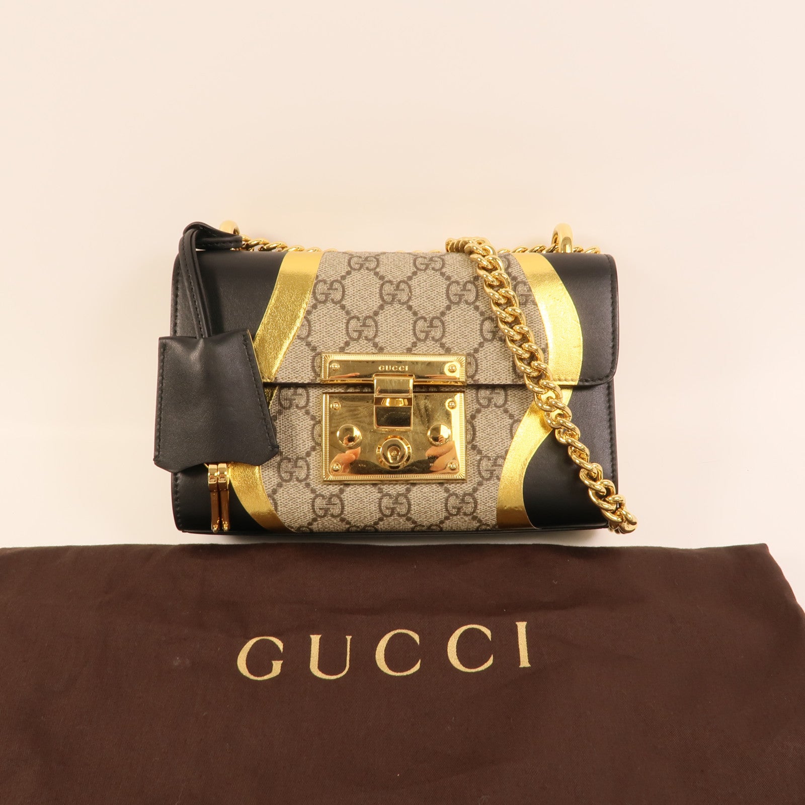 GUCCI 塗層帆布/牛皮皮革Padlock Bag鏈帶肩背袋