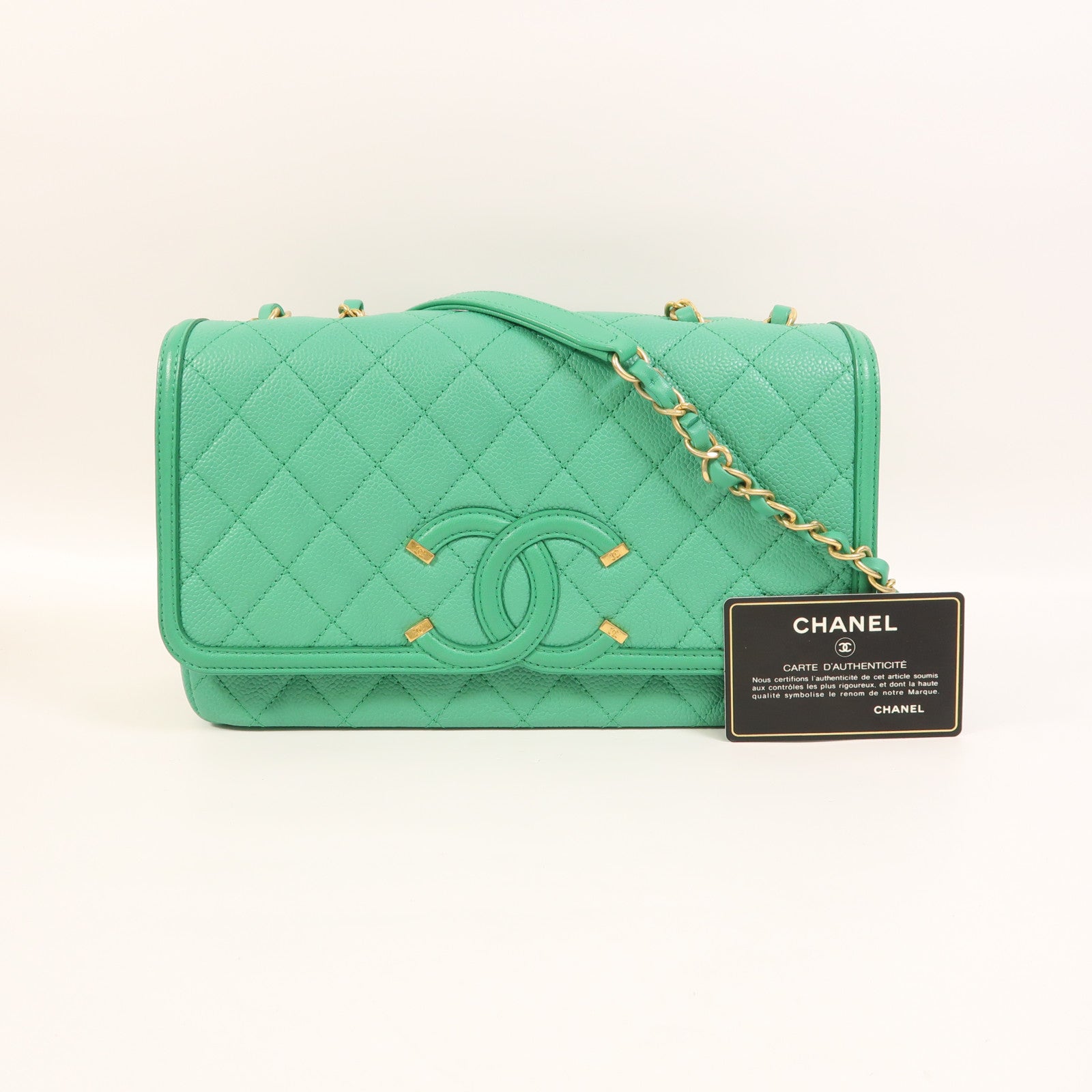CHANEL 牛皮皮革Chain Shoulder金扣鏈帶肩背袋