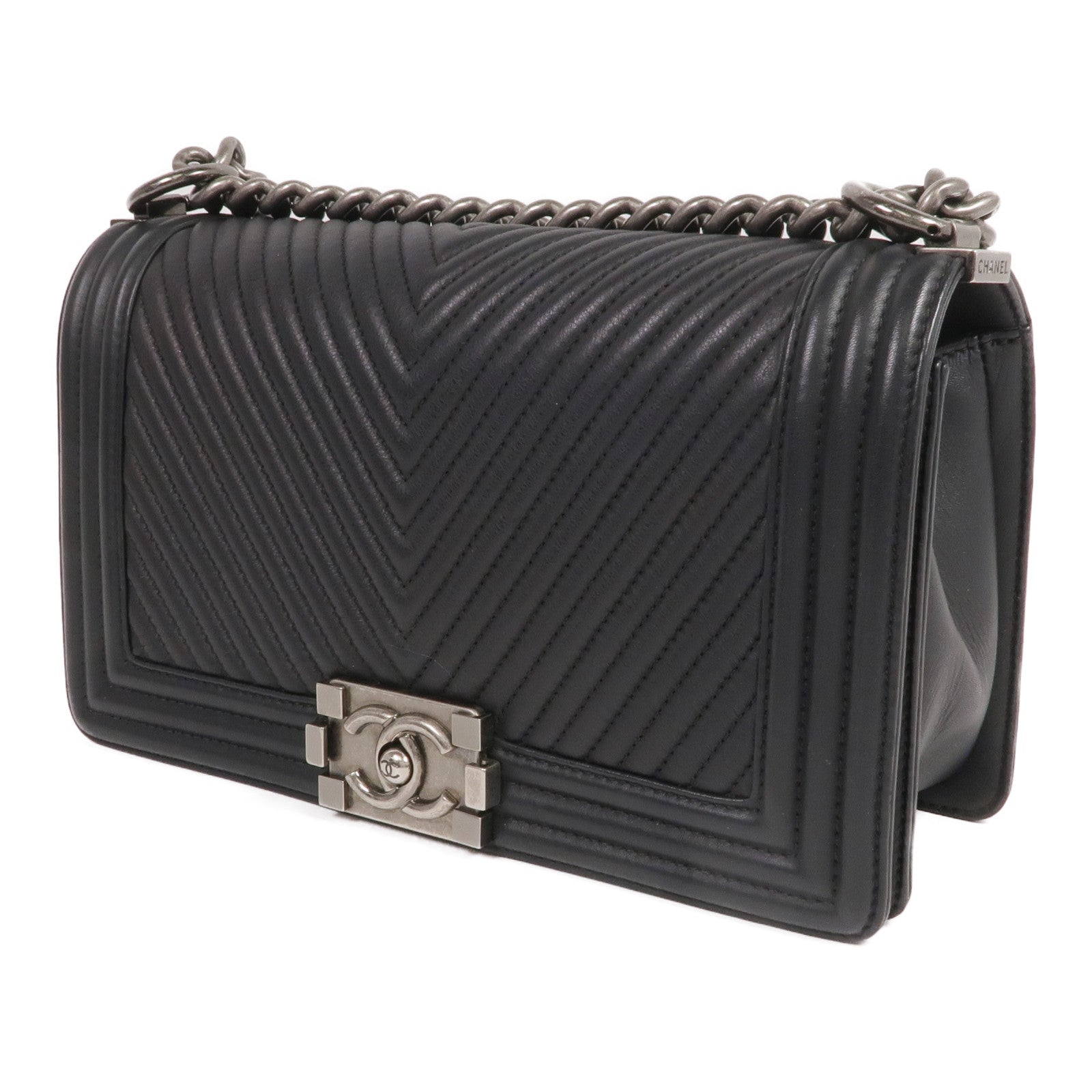 CHANEL 羊皮皮革Boy 25銀扣鏈帶肩背袋