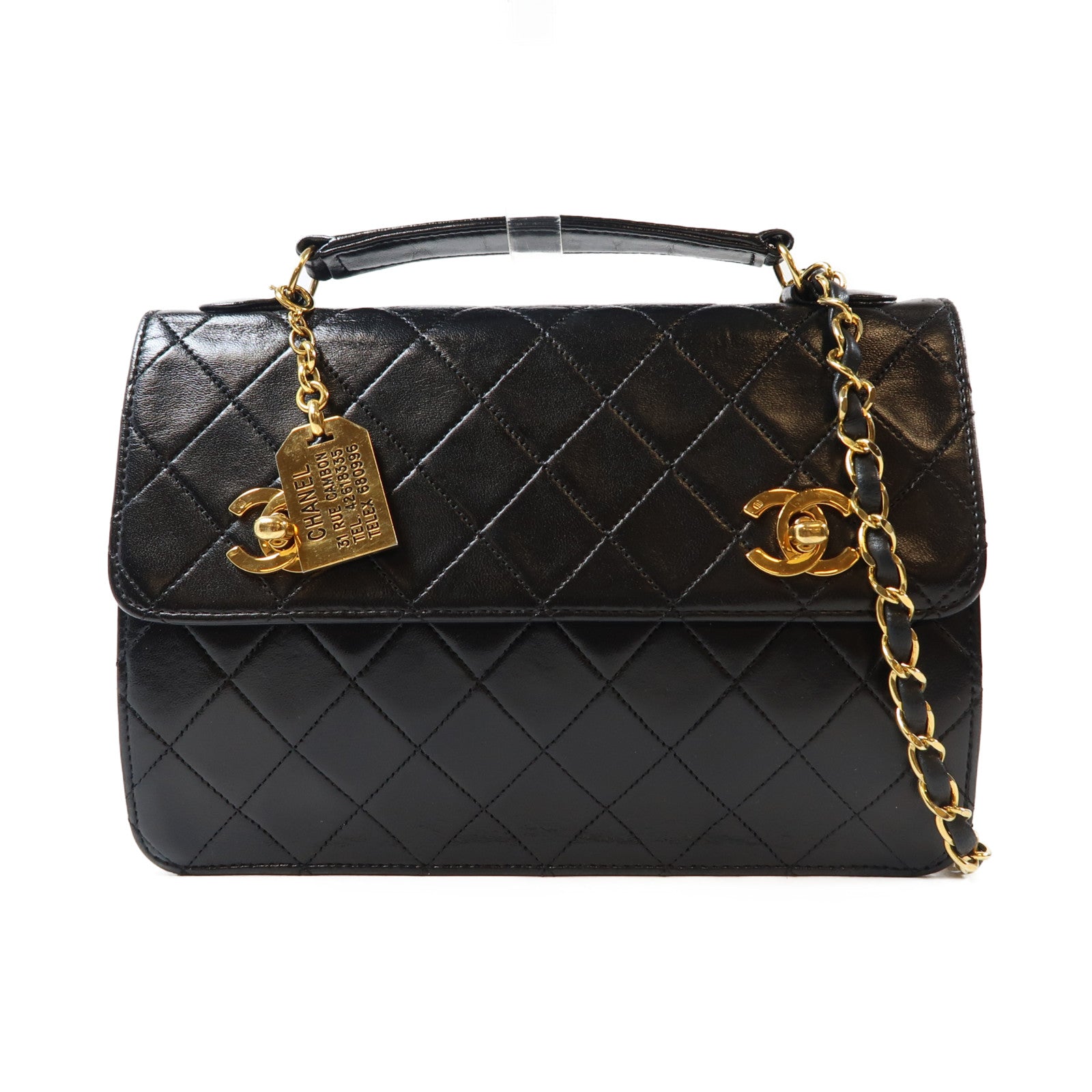 CHANEL 菱格牛皮皮革Shoulder Bag金扣手挽鏈帶肩背兩用袋黑色