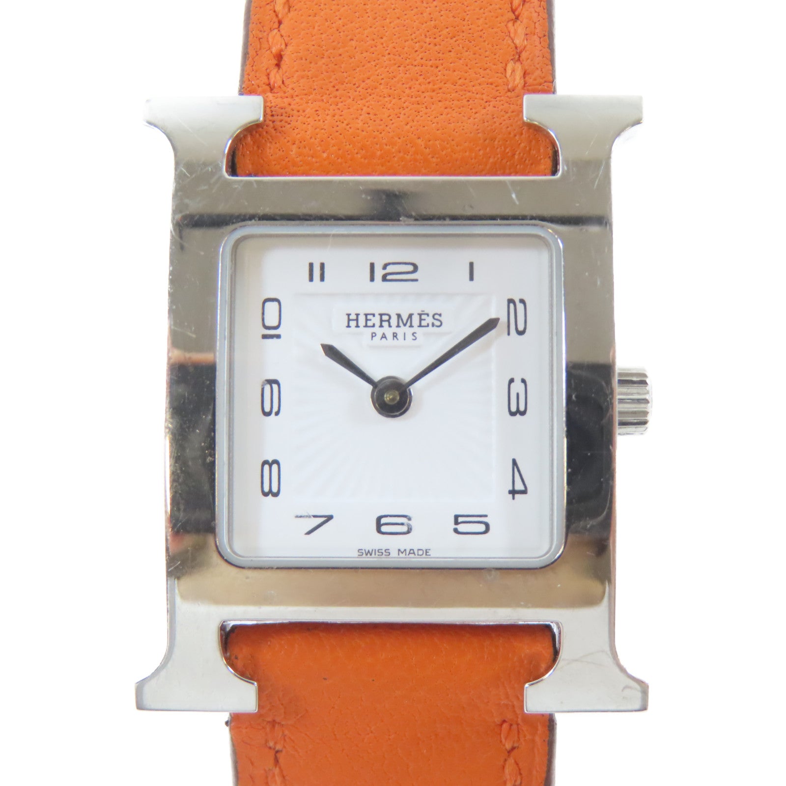 HERMES H watch不鏽鋼/皮革手錶石英機芯白色#16cm