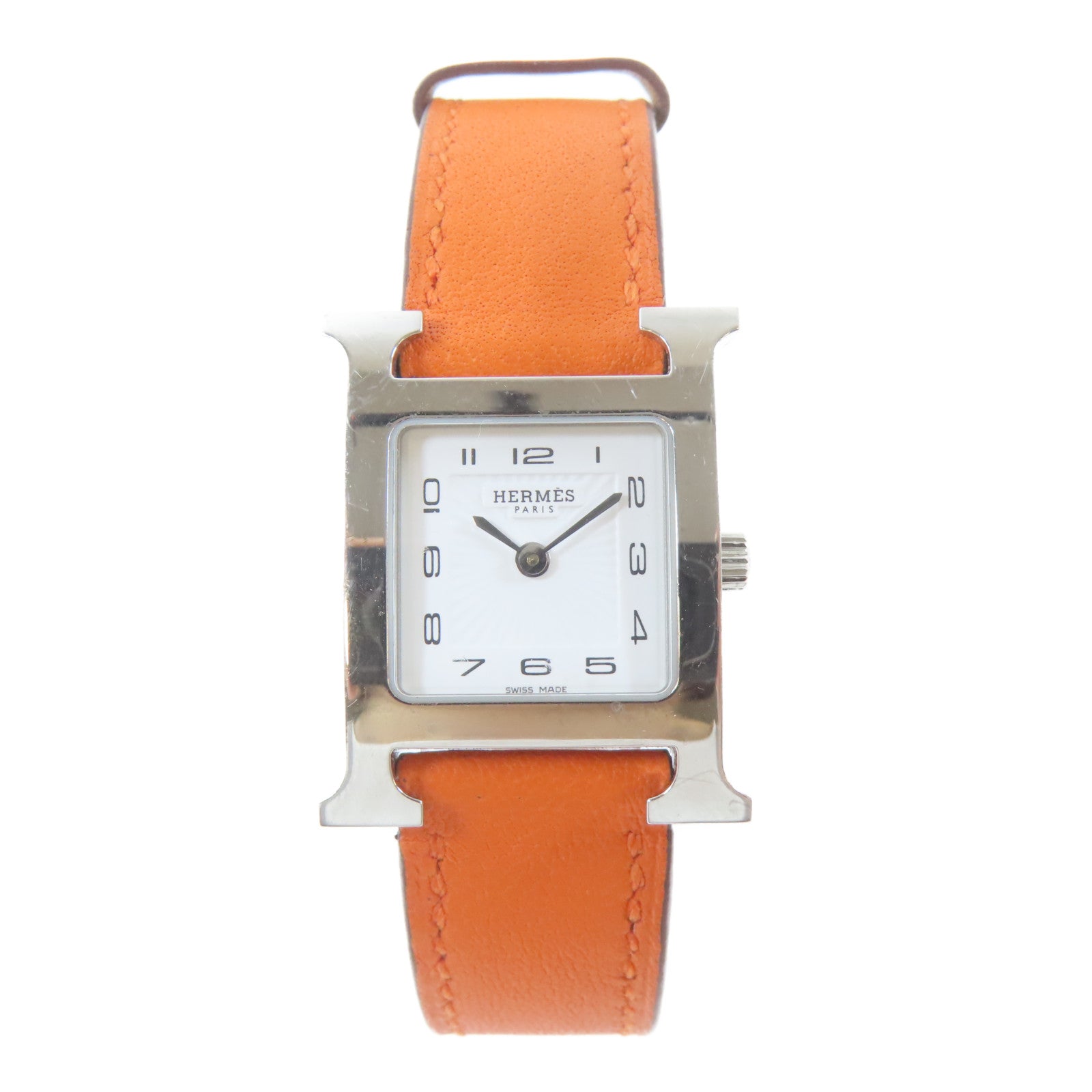 HERMES H watch不鏽鋼/皮革手錶石英機芯白色#16cm