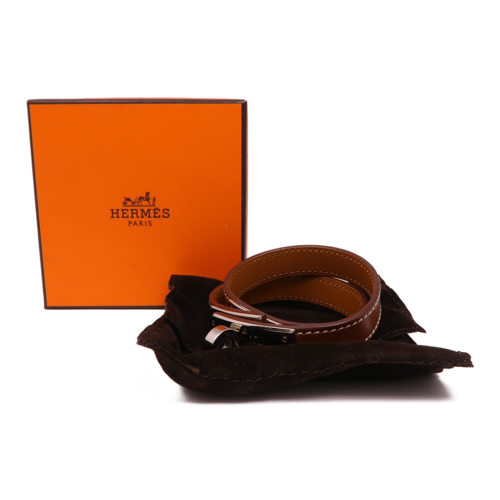 HERMES Swift皮革Kelly Double Tour Bracelet銀扣手鏈Brown