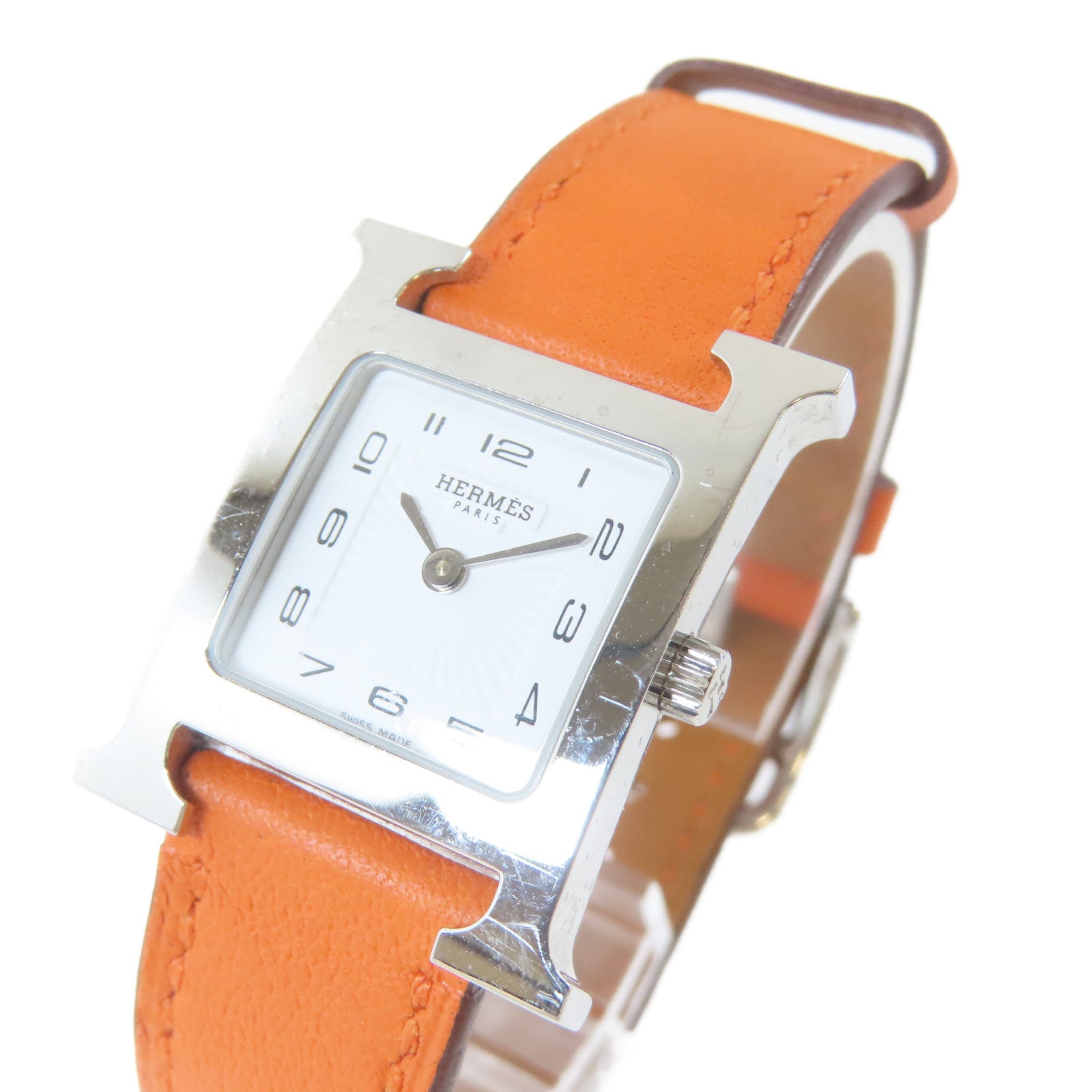 HERMES H watch不鏽鋼/皮革手錶石英機芯白色#16cm