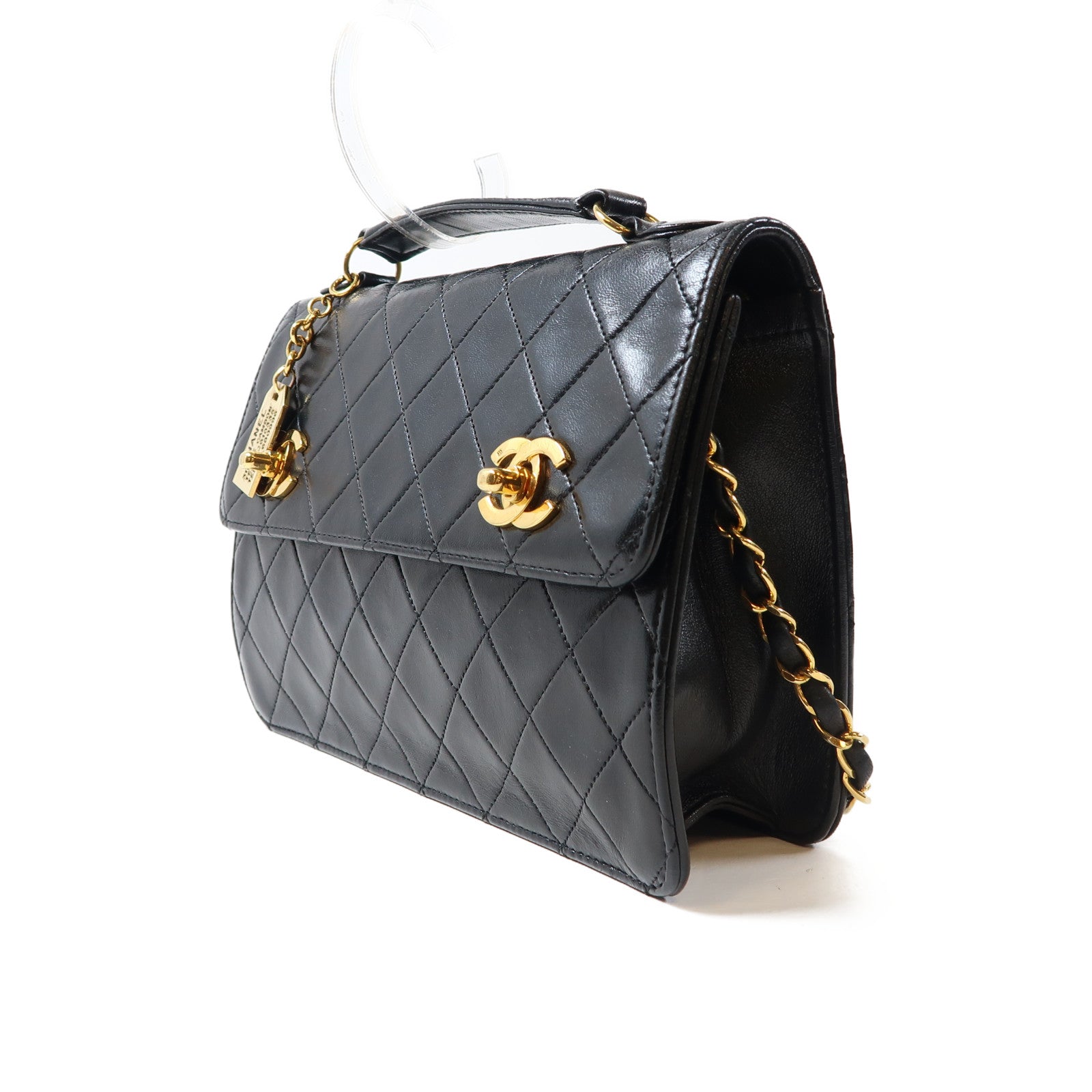 CHANEL 菱格牛皮皮革Shoulder Bag金扣手挽鏈帶肩背兩用袋黑色