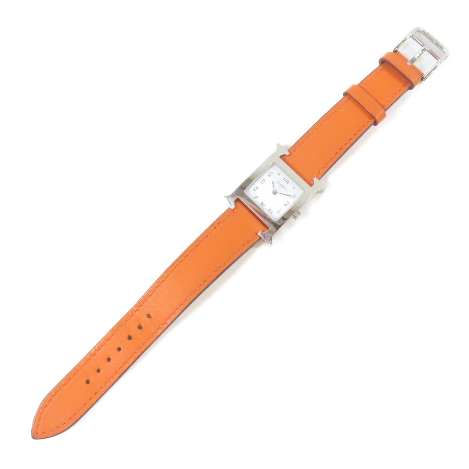 HERMES H watch不鏽鋼/皮革手錶石英機芯白色#16cm