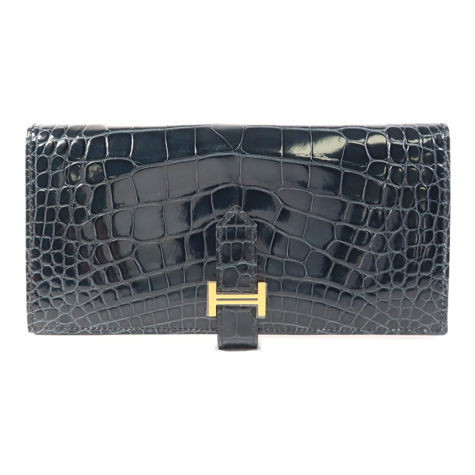 HERMES 鱷魚皮革Bearn Long Wallet金扣長錢包Bleu Indigo