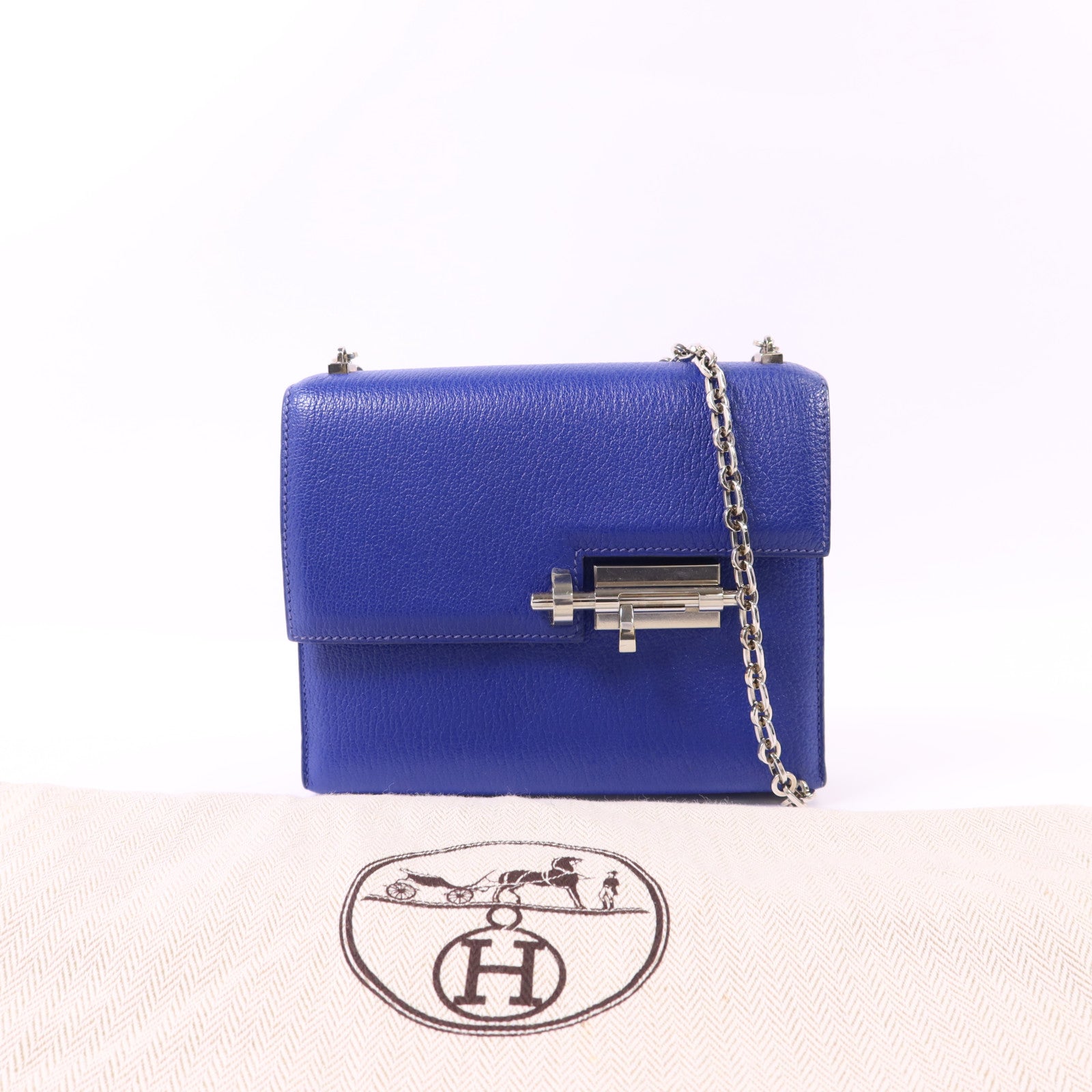 HERMES Chevre皮革Verrou Mini銀扣鏈帶肩背袋Bleu Electrique