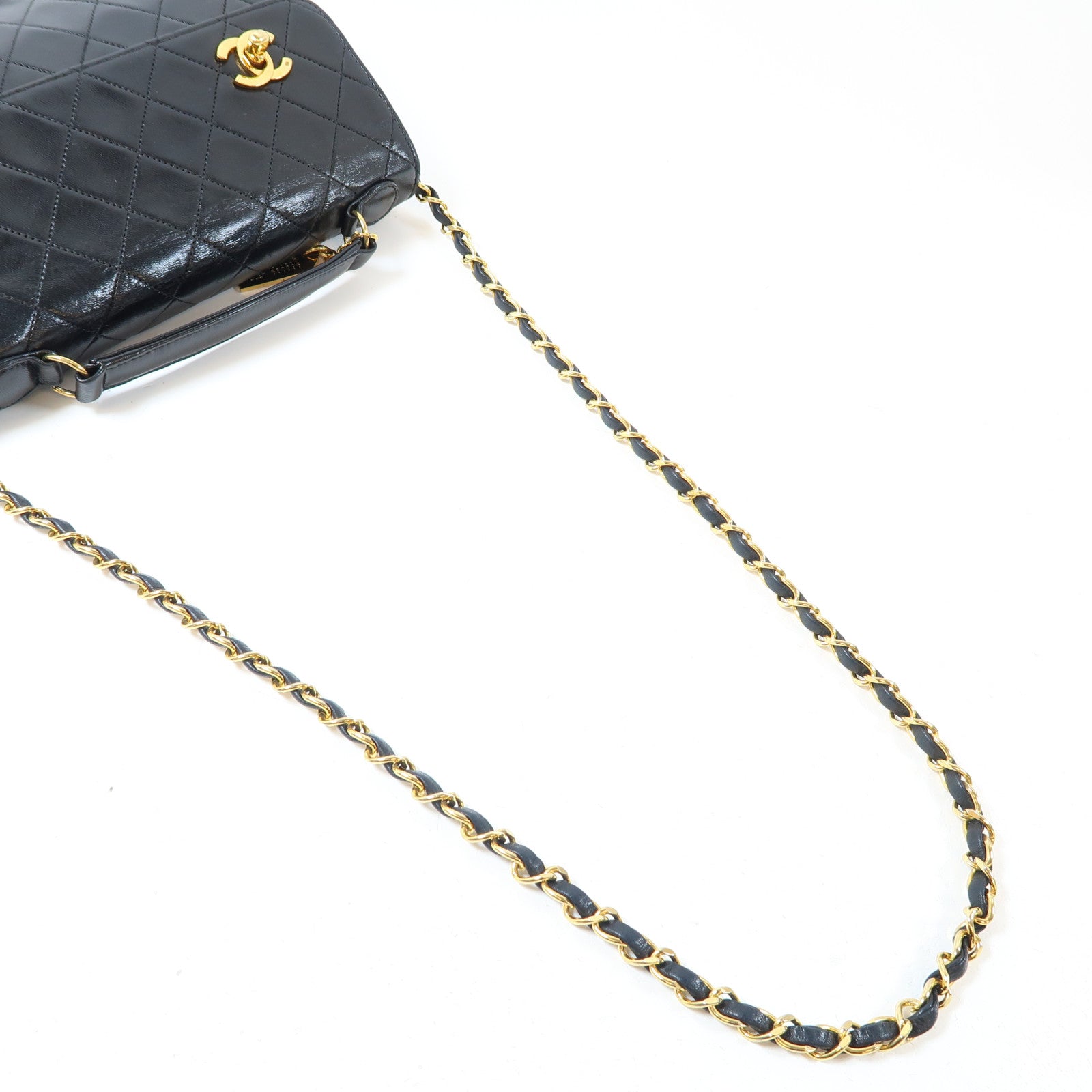 CHANEL 菱格牛皮皮革Shoulder Bag金扣手挽鏈帶肩背兩用袋黑色