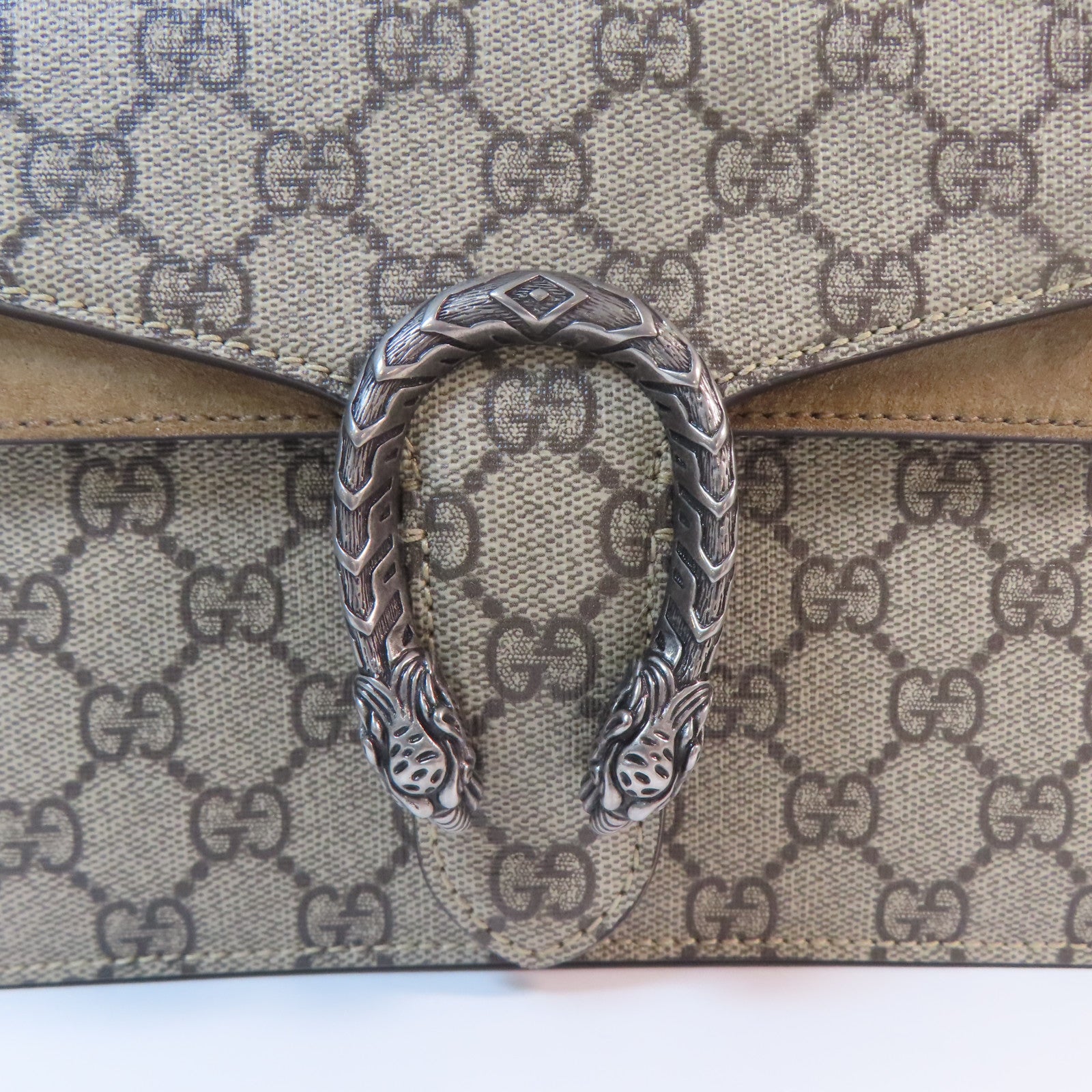 GUCCI 塗層帆布/麂皮皮革GG Supreme Chain Shoulder銀扣鏈帶肩背袋啡色