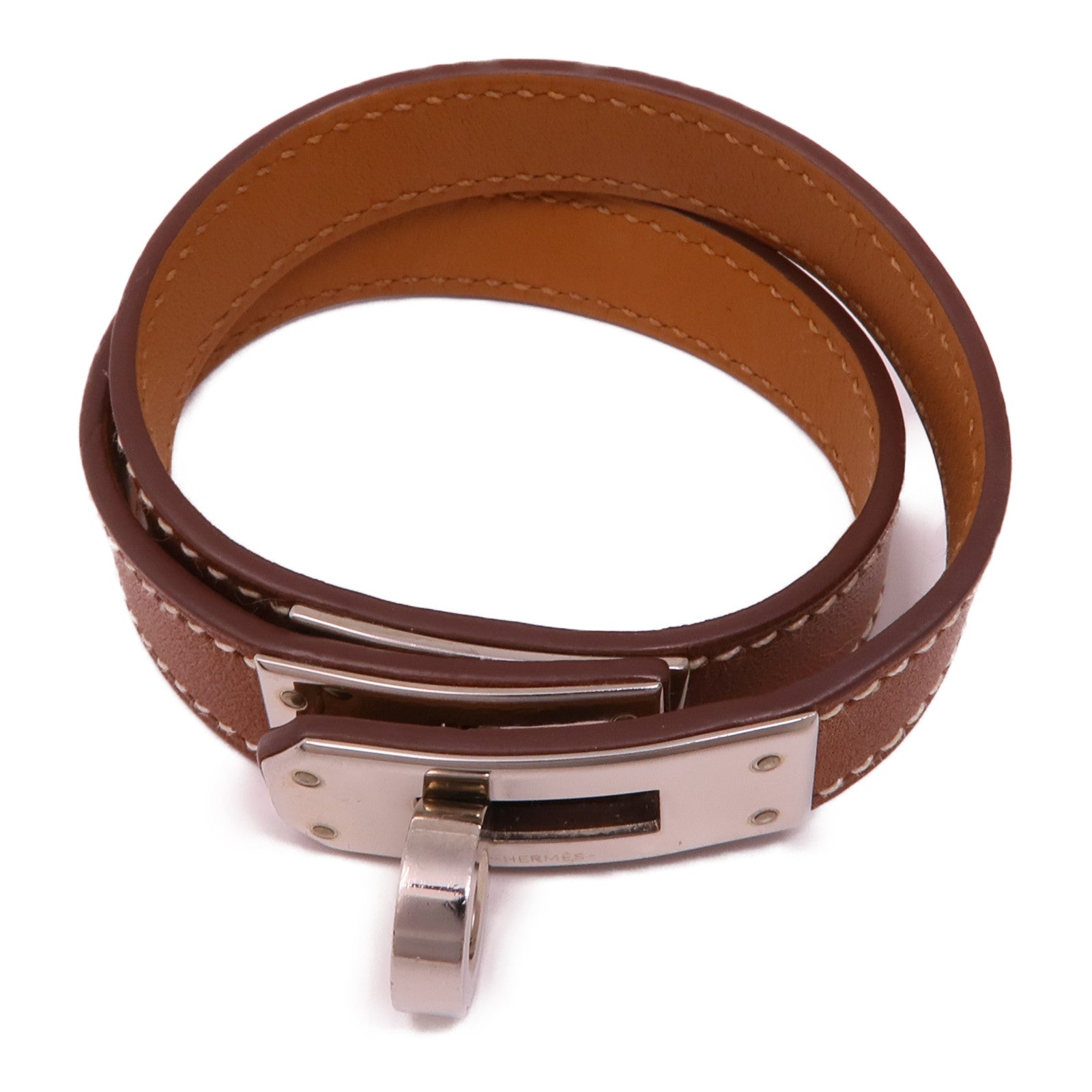 HERMES Swift皮革Kelly Double Tour Bracelet銀扣手鏈Brown