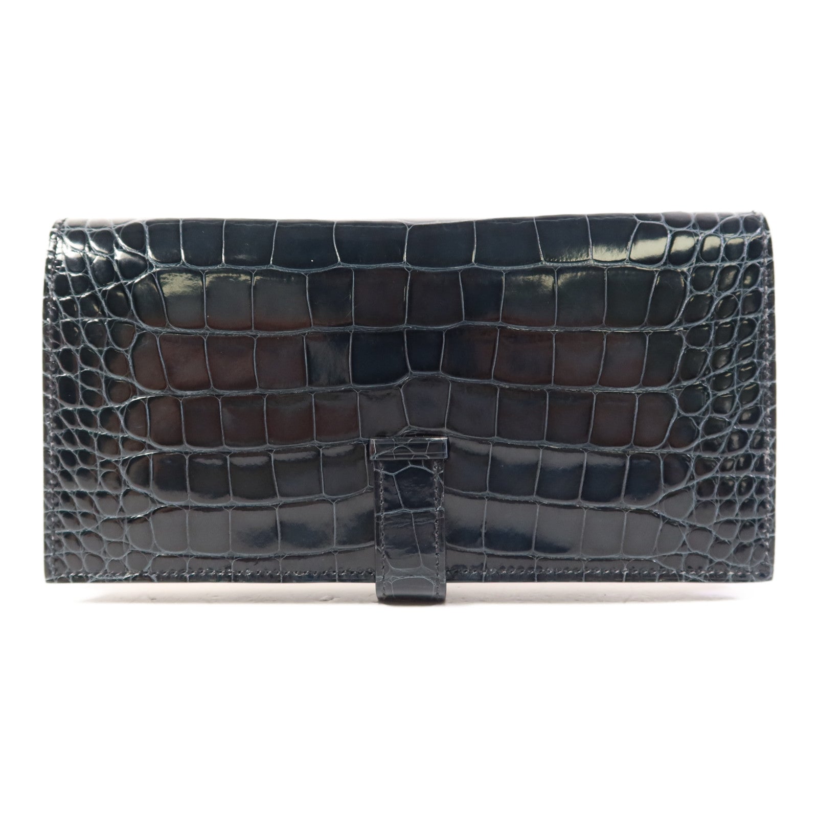 HERMES 鱷魚皮革Bearn Long Wallet金扣長錢包Bleu Indigo